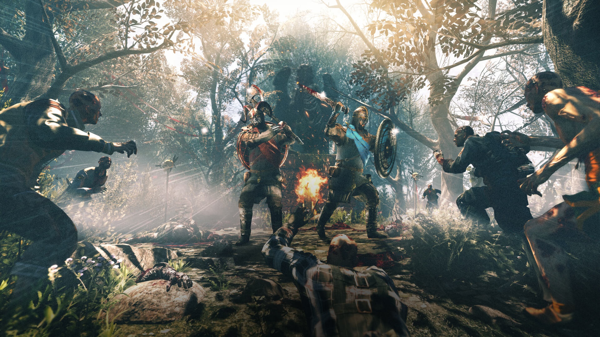 Warriors fighting zombies in a forest HD Wallpaper