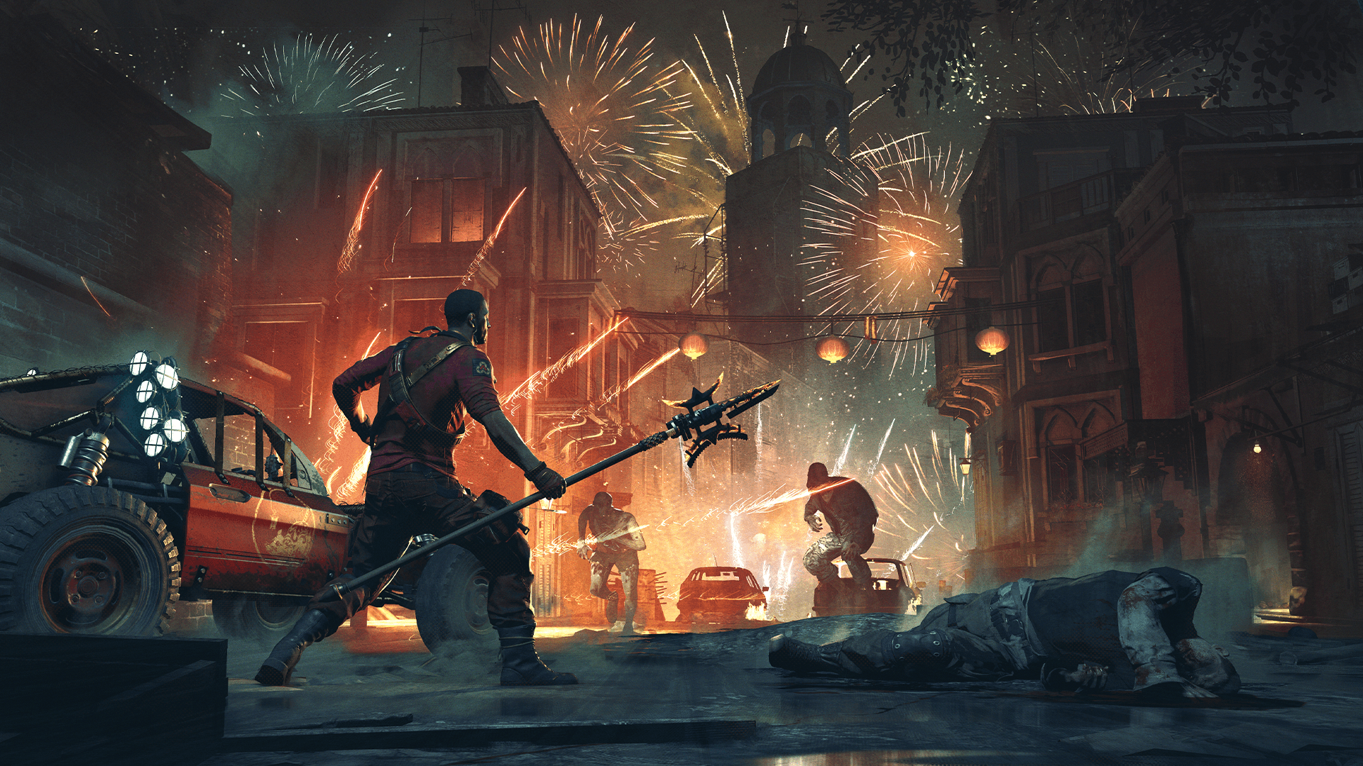 Dying Light character with a weapon in a city HD Wallpaper
