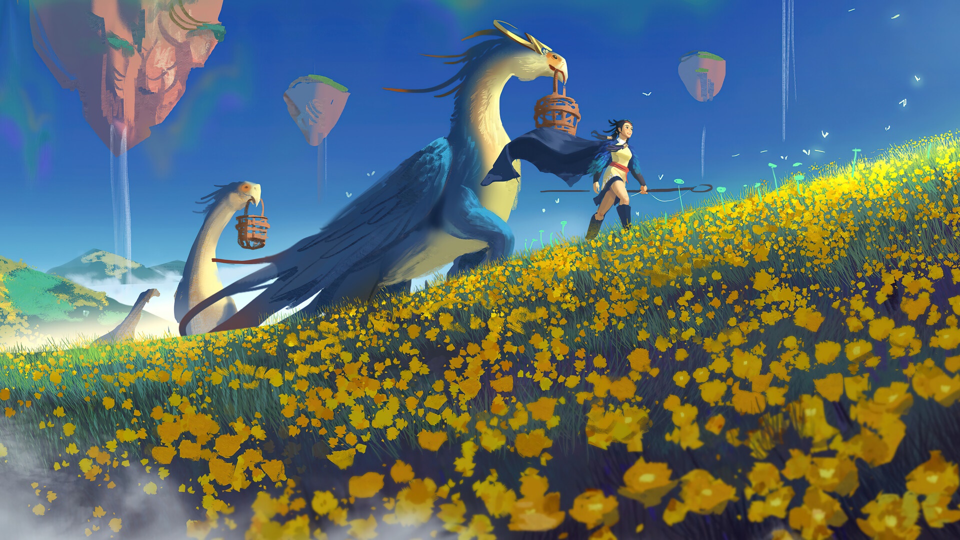 Fantasy creatures and girl in a field of yellow flowers HD Wallpaper