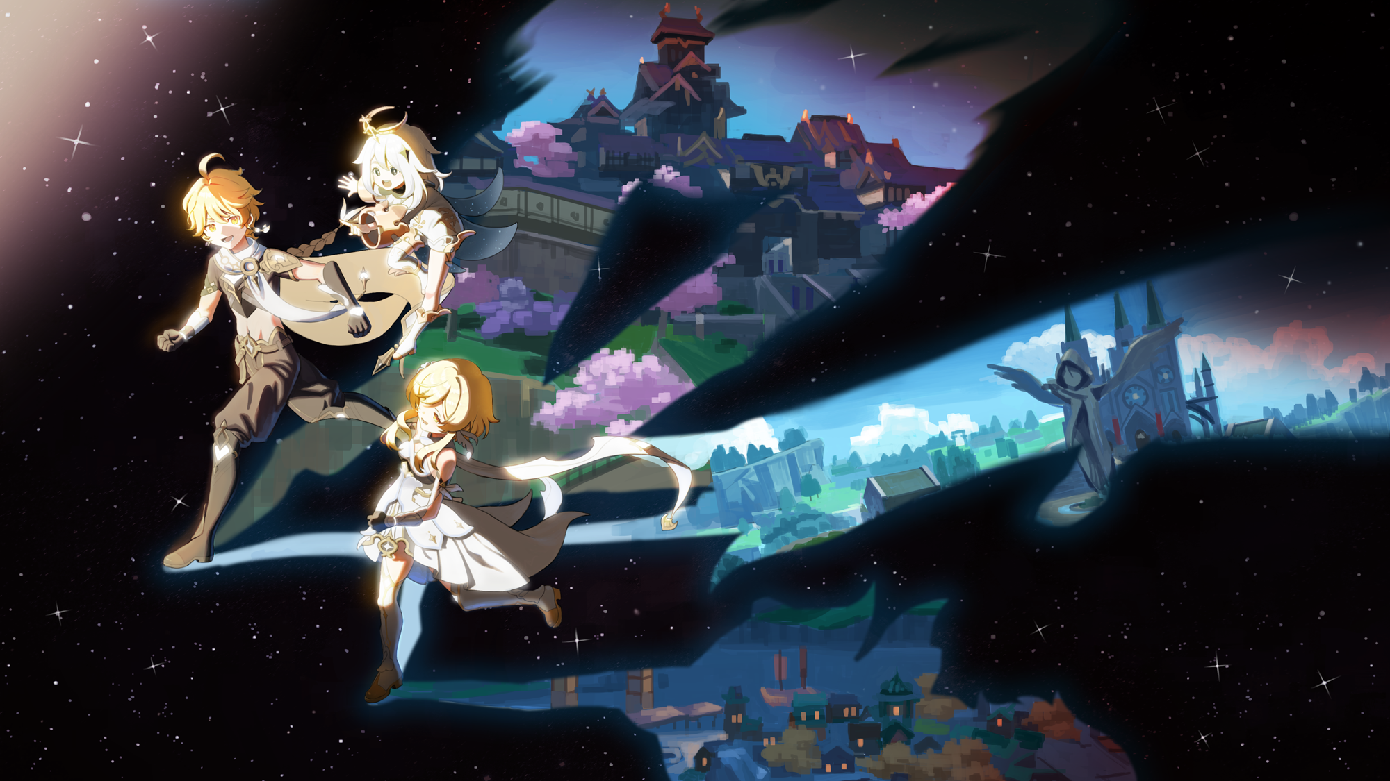 Aether, Lumine, and Paimon from Genshin Impact HD Wallpaper