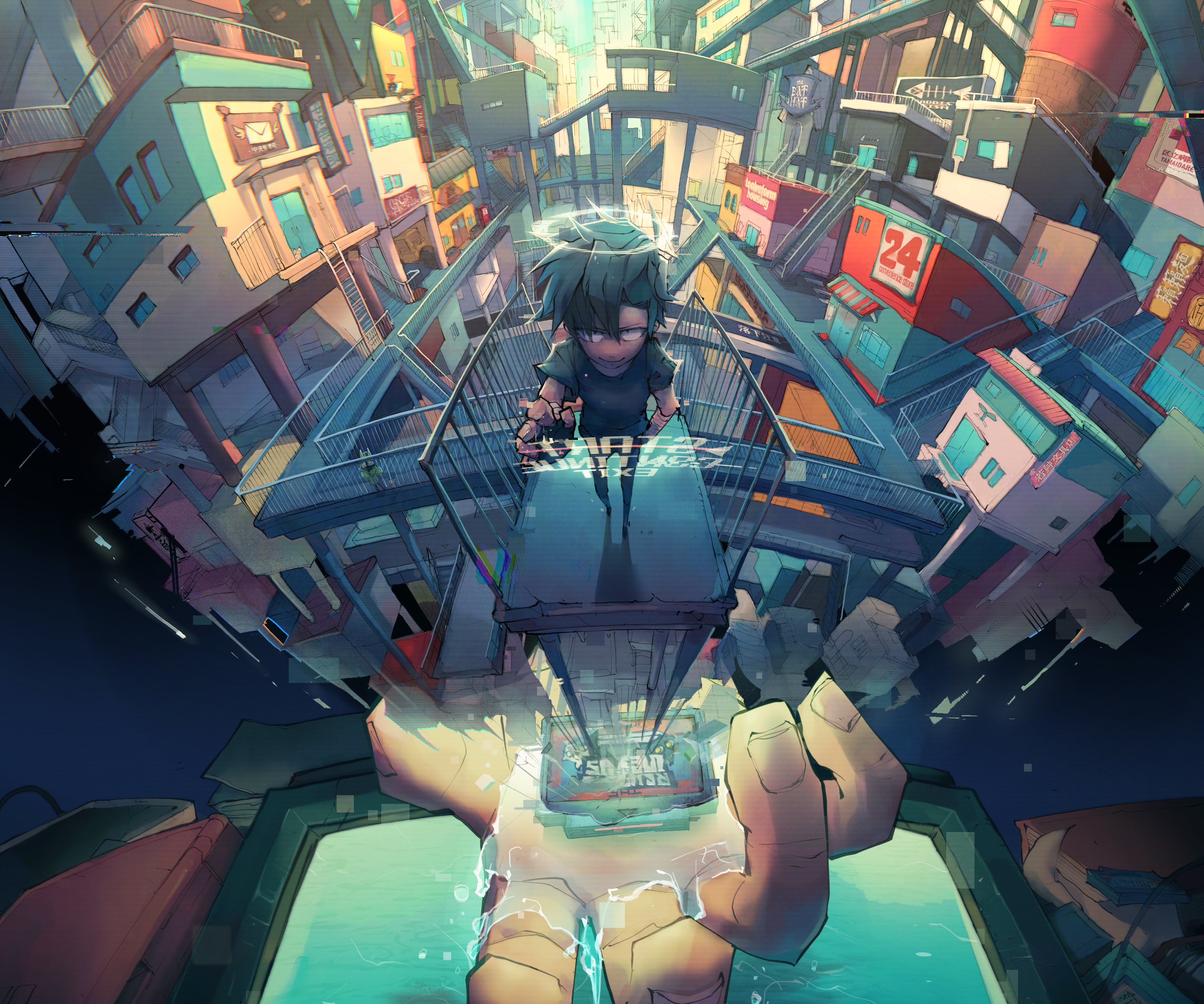 Boy in a futuristic city HD Wallpaper