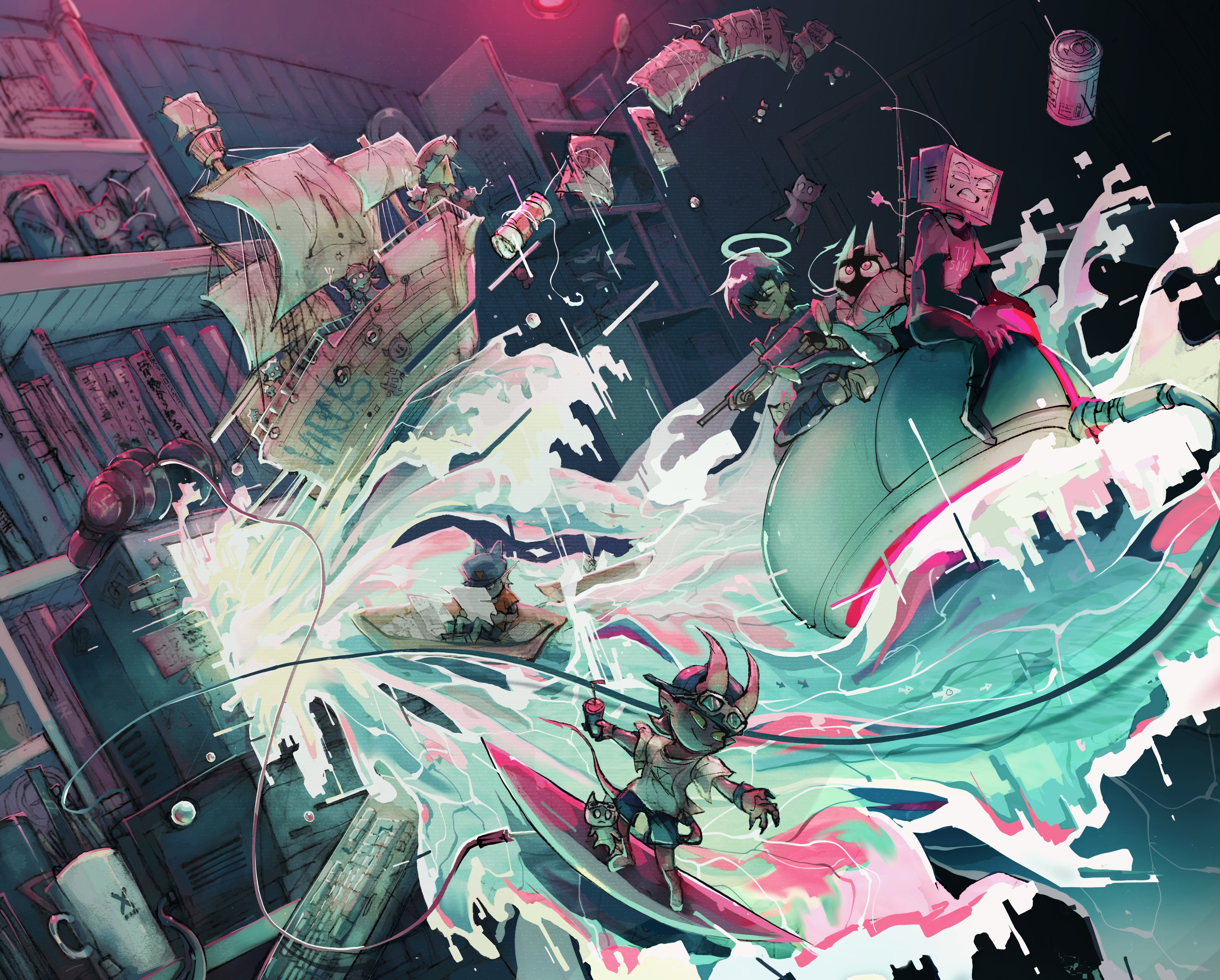 Characters surfing on waves in a surreal environment HD Wallpaper