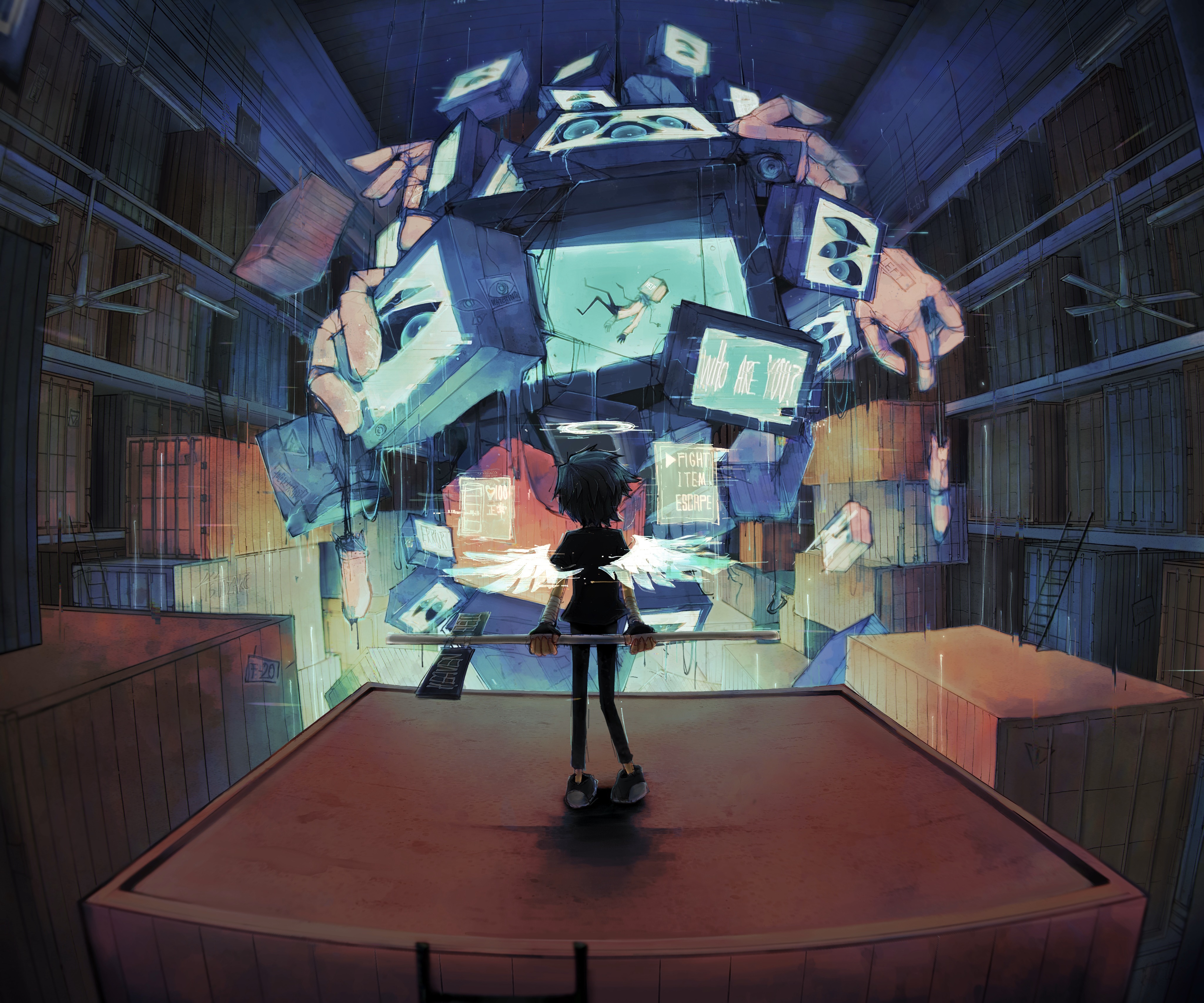 Angel with wings in a futuristic room with screens HD Wallpaper