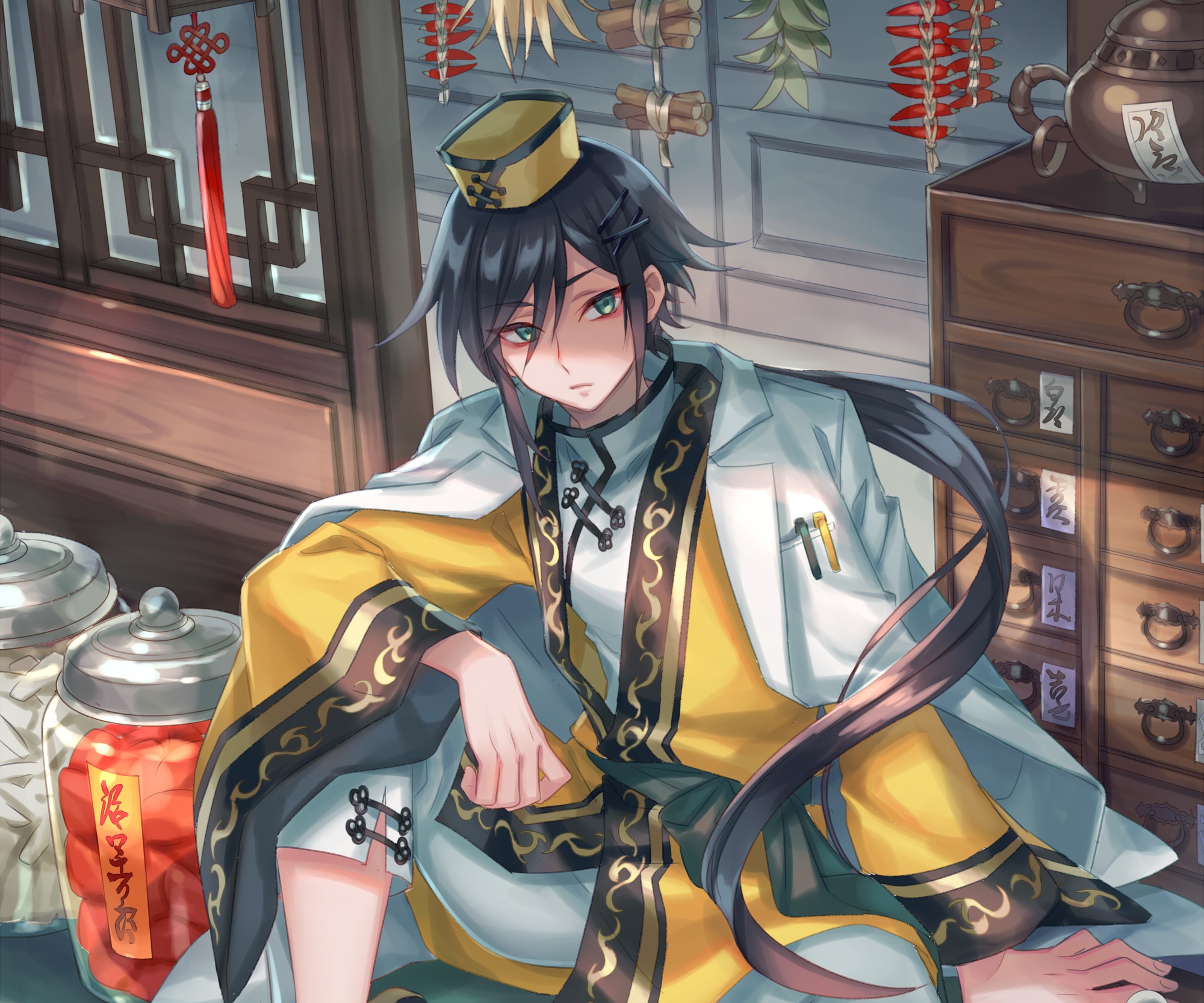 Anime boy in traditional Chinese medicine shop HD Wallpaper