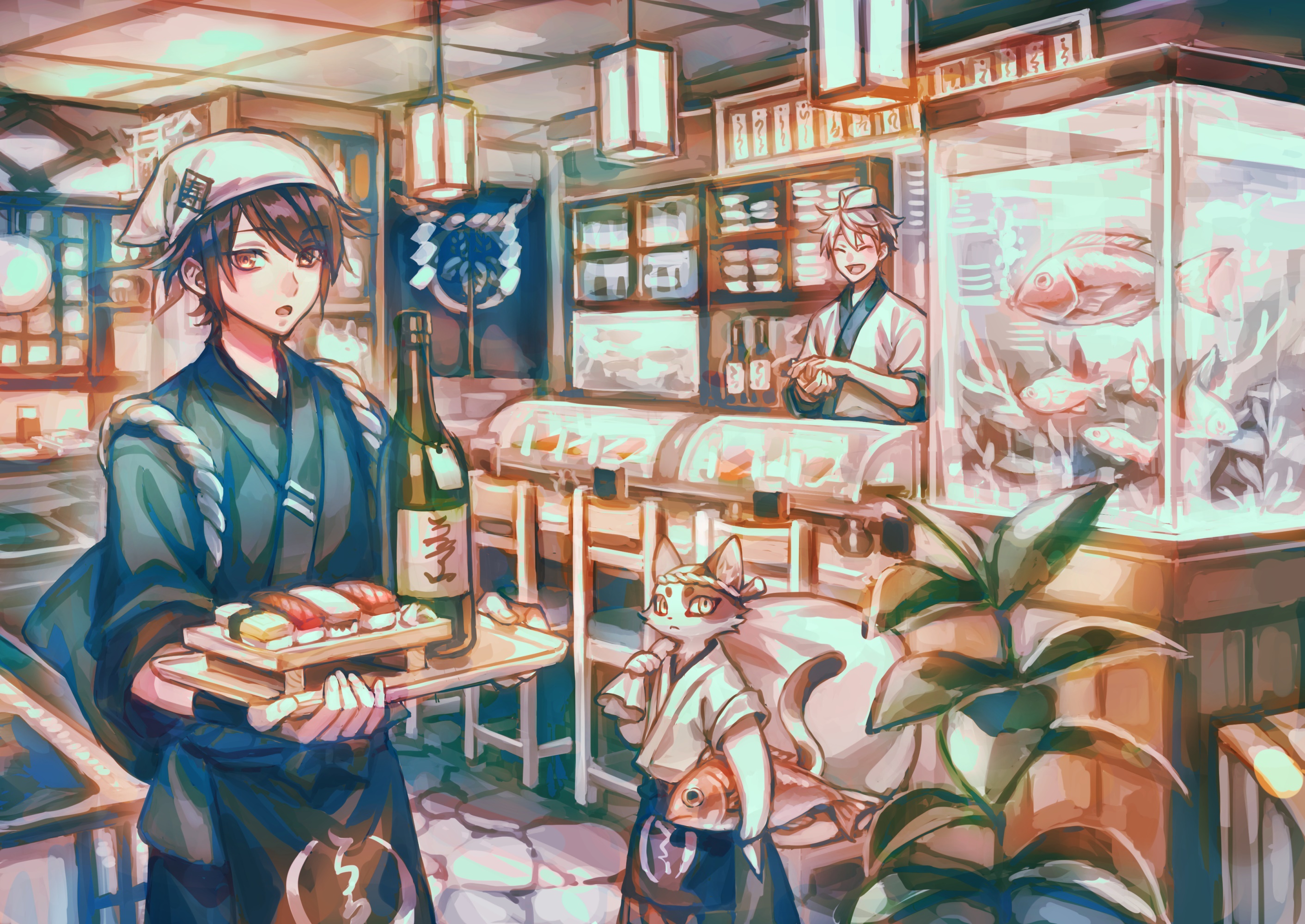 Anime boy serving sushi in a restaurant HD Wallpaper