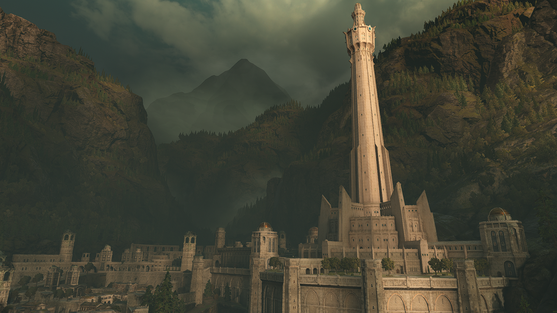 Minas Ithil Tower in a mountainous landscape HD Wallpaper