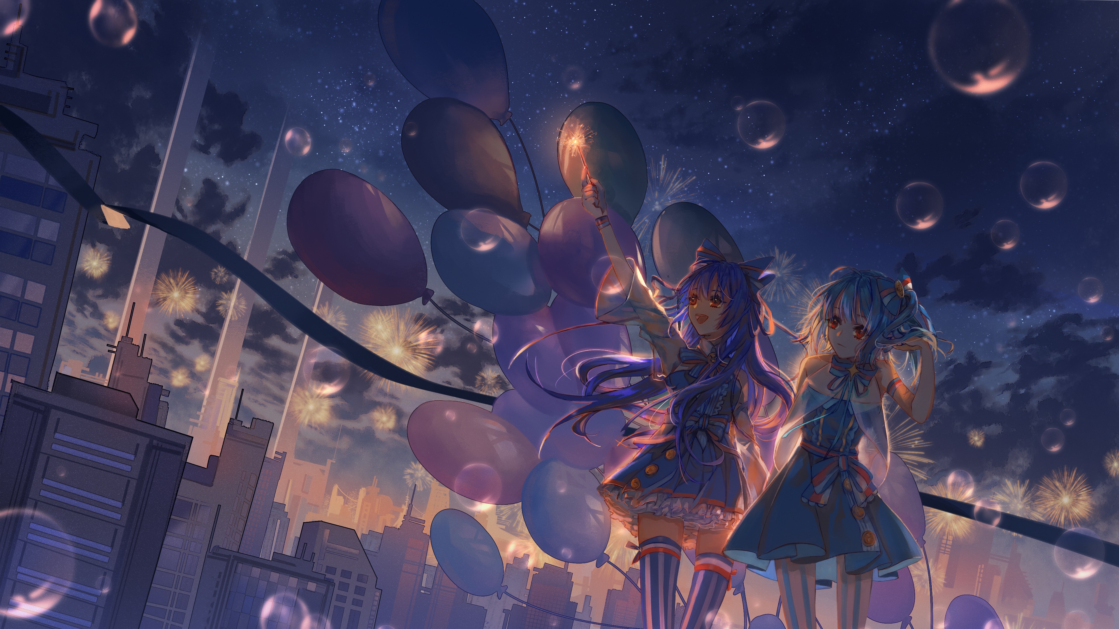 Bili Girl 22 and 33 with Balloons and Fireworks 4K HD Wallpaper