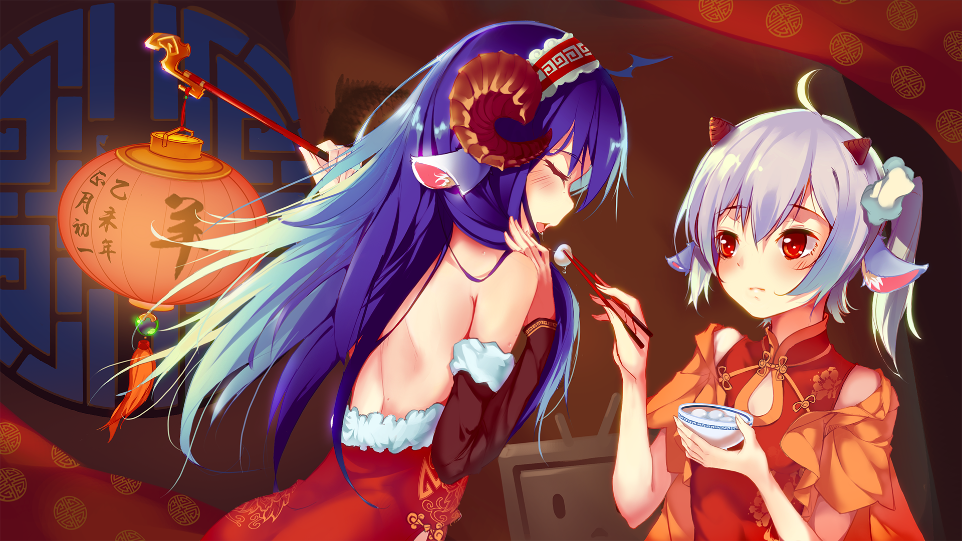 Two anime girls with sheep horns celebrating Chinese New Year HD Wallpaper