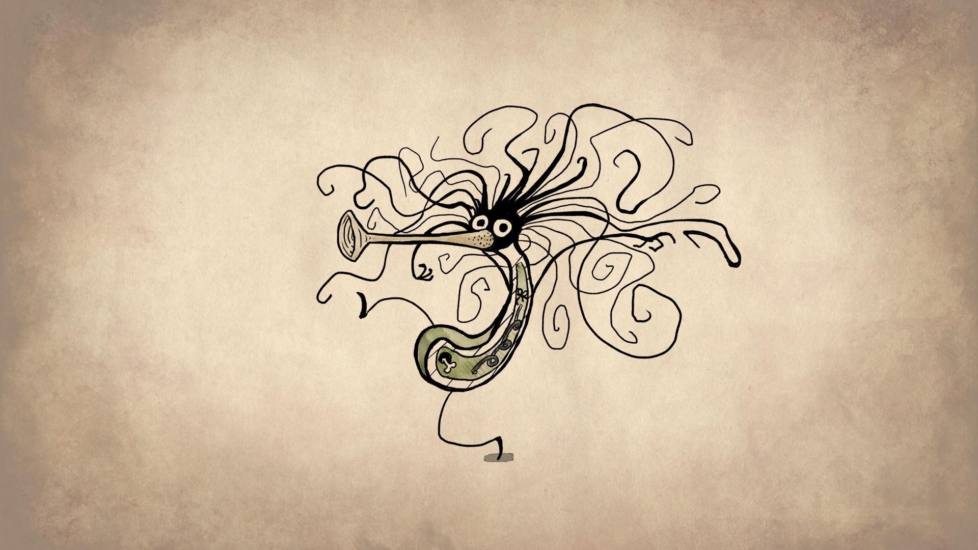 Cartoon creature with a trumpet-like nose and saxophone body HD Wallpaper