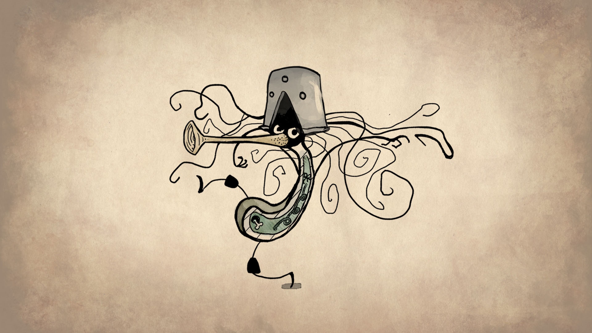 Cartoon creature with a bucket on its head and a trumpet nose HD Wallpaper