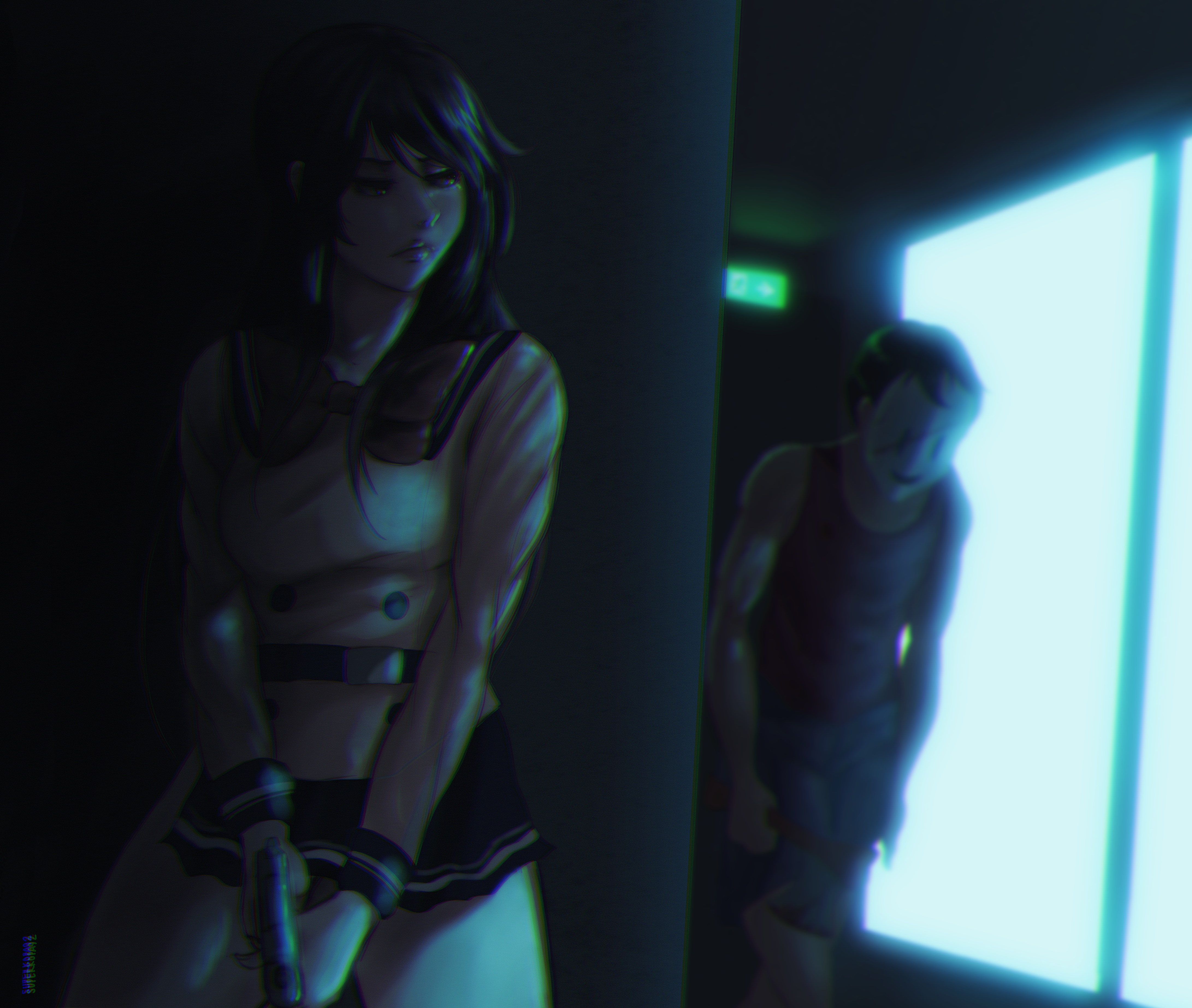 Girl with gun and masked man in hallway HD Wallpaper