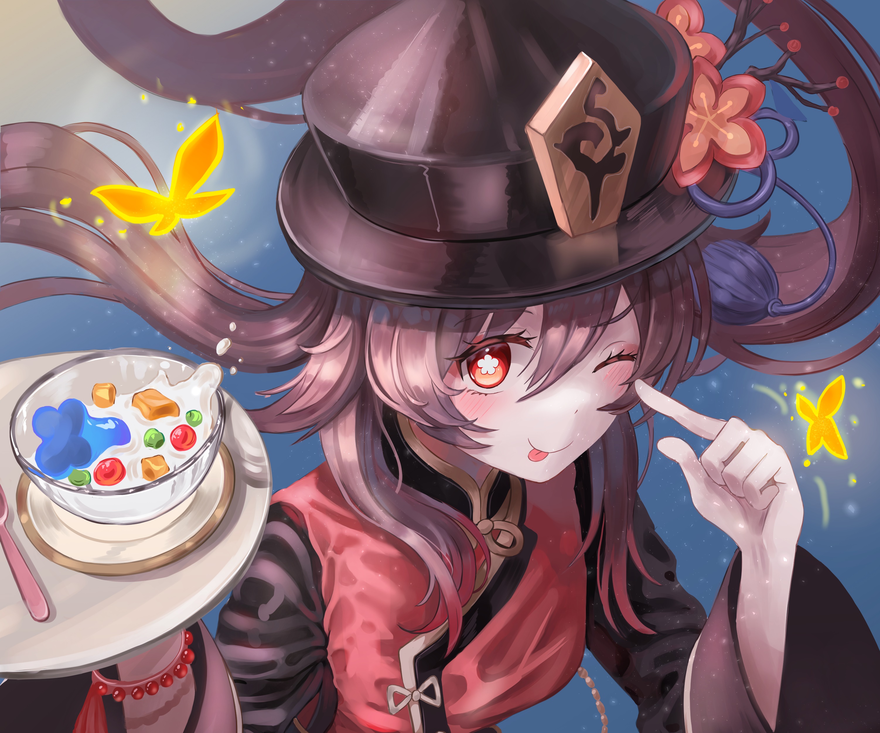 Hu Tao from Genshin Impact with dessert HD Wallpaper