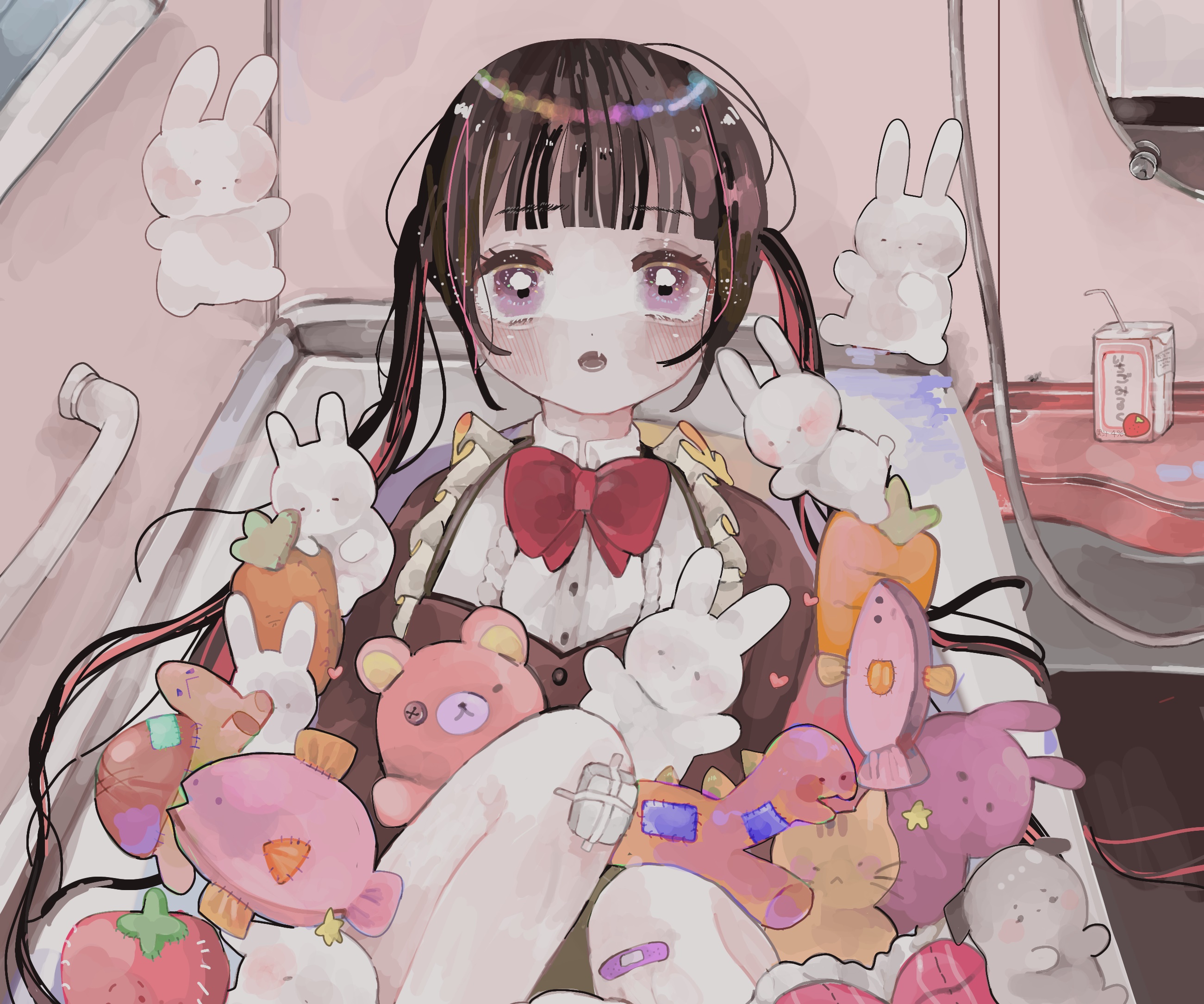 Girl with stuffed animals in a bathtub HD Wallpaper