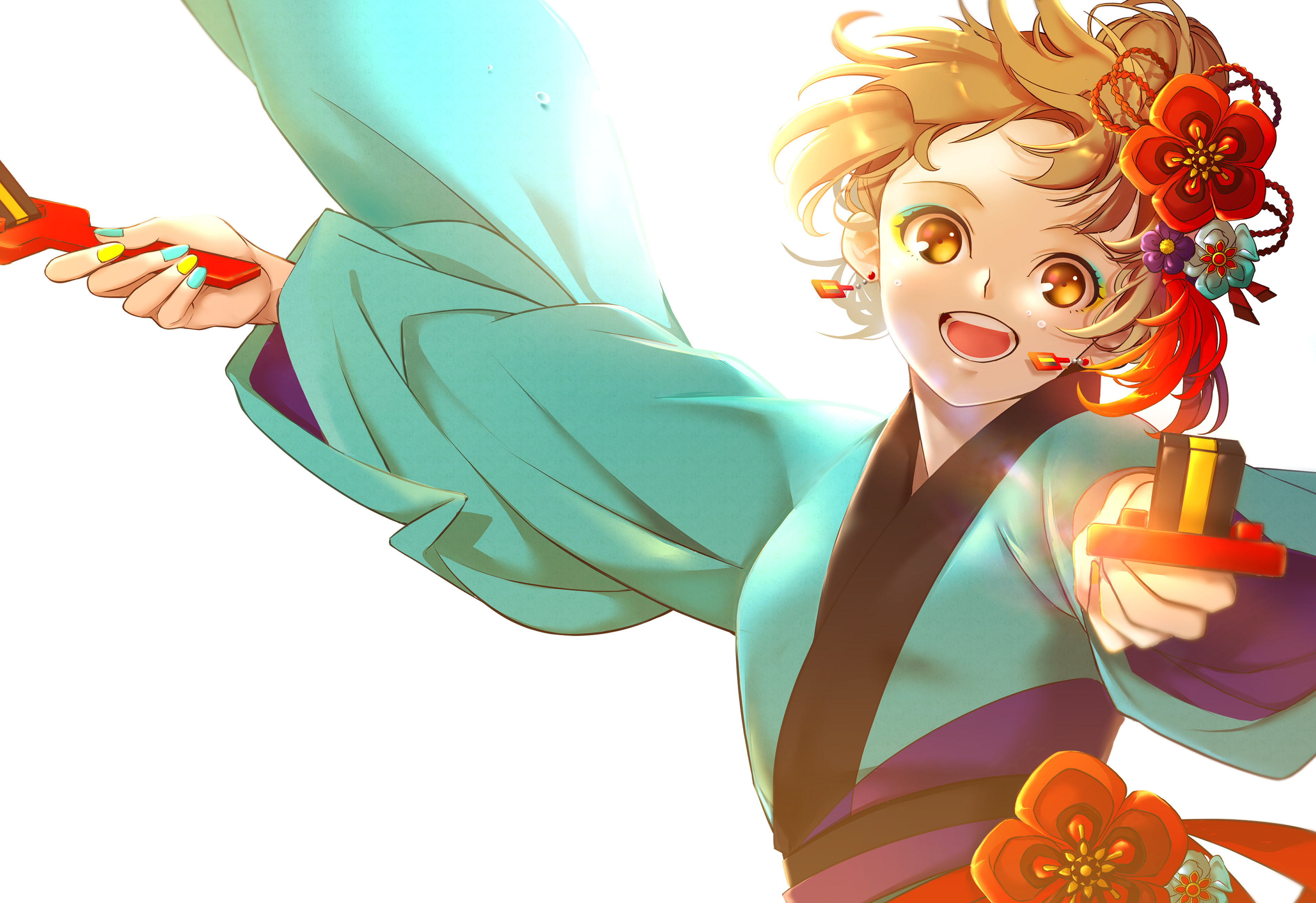 Girl in Kimono holding red objects HD Wallpaper