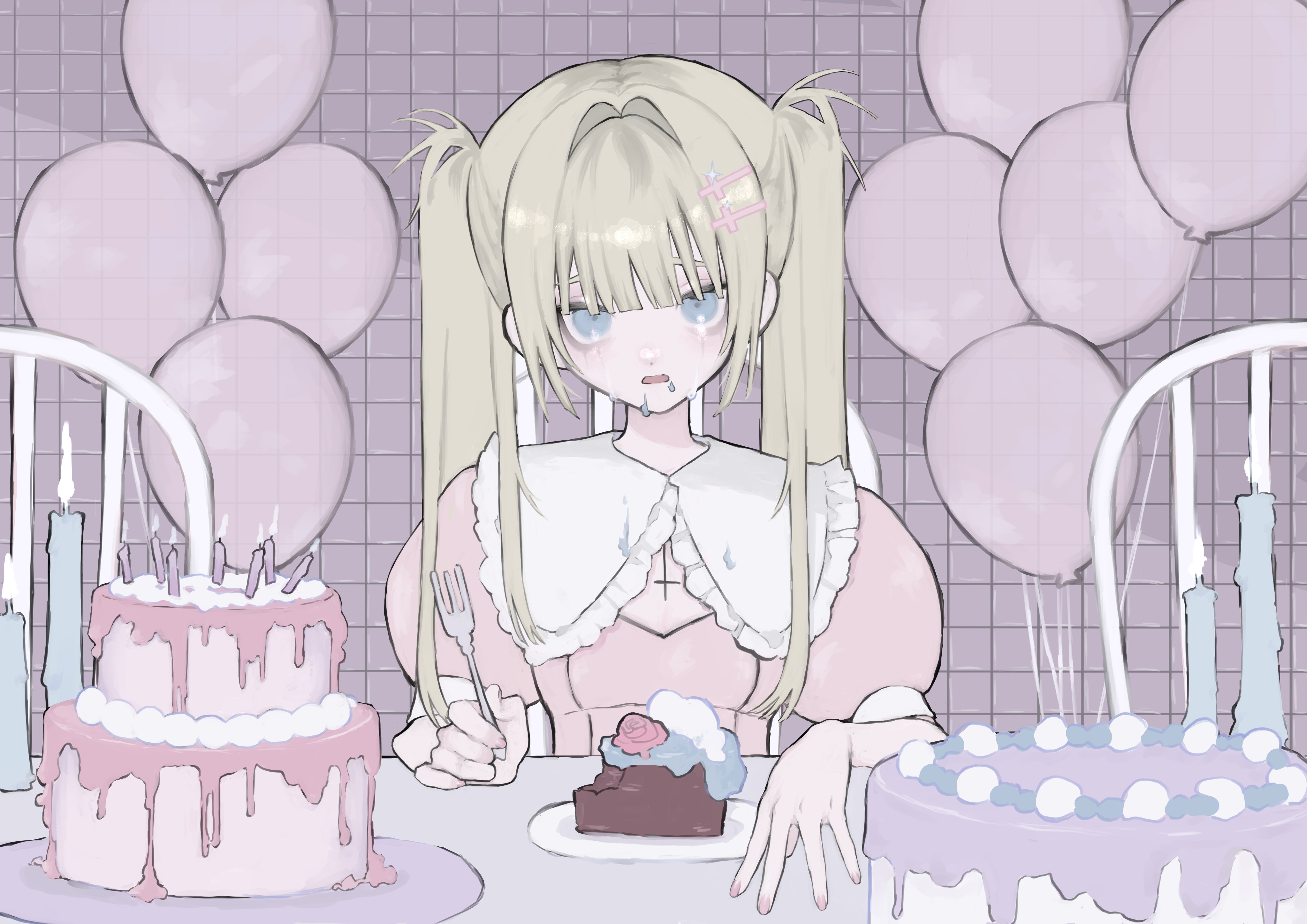 Girl with pigtails and cakes 4K HD Wallpaper