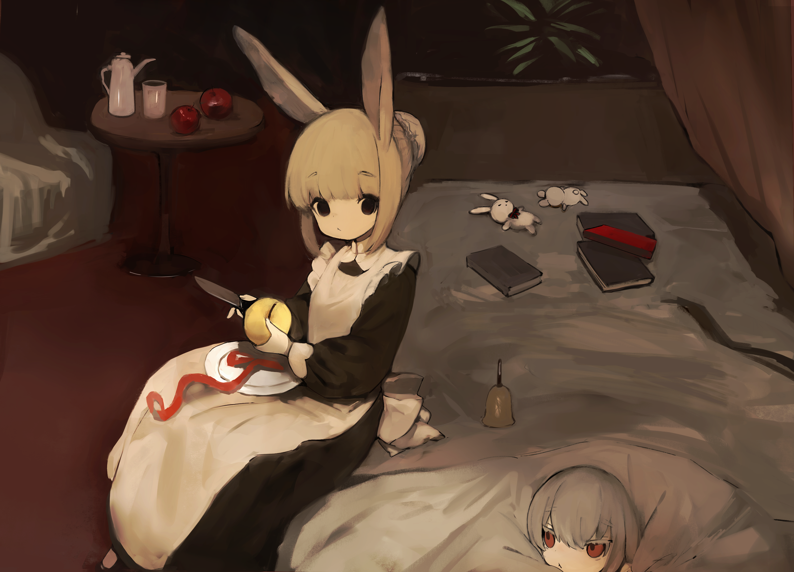 Bunny girl maid with knife and sleeping child HD Wallpaper