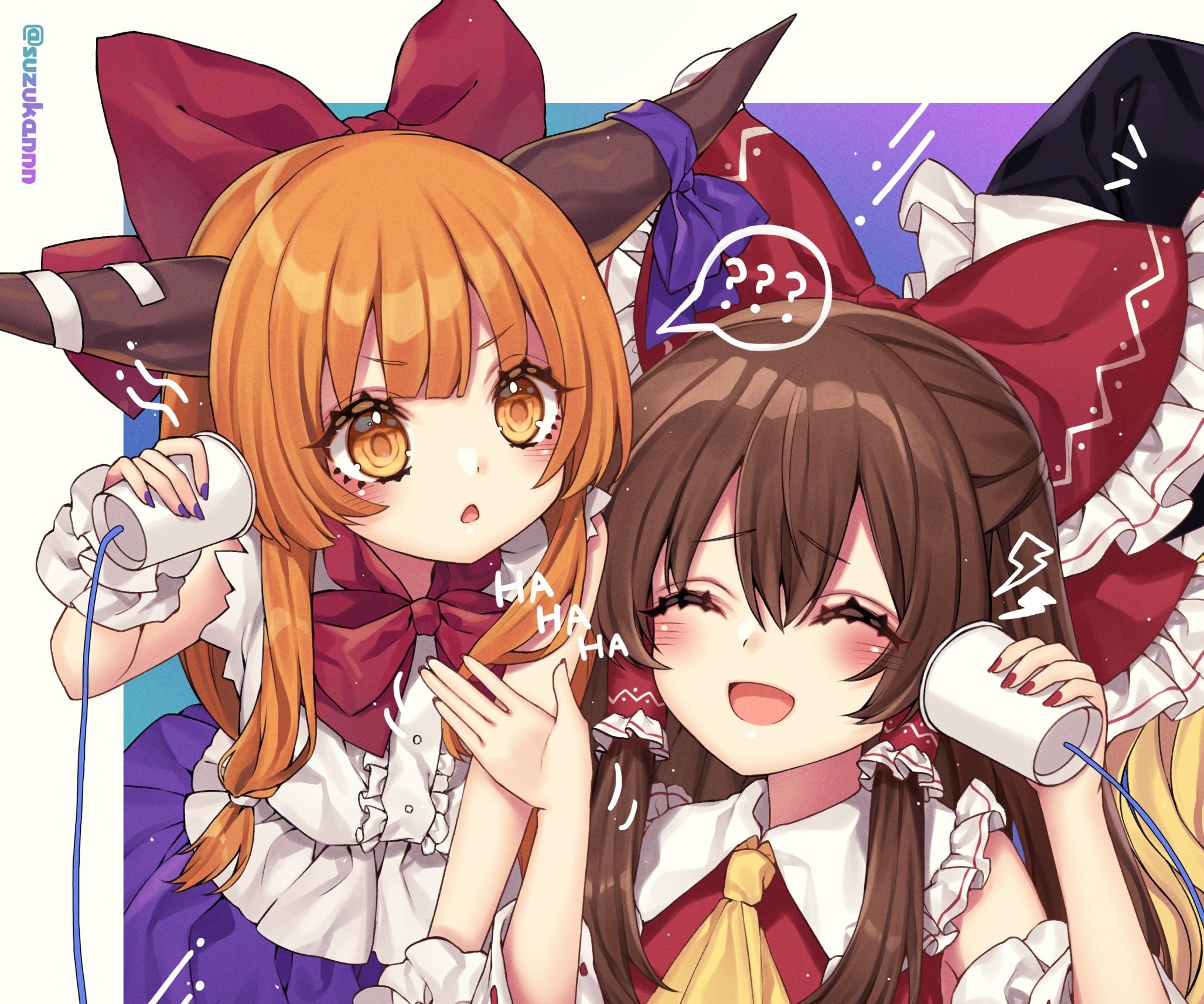 Two anime girls talking on tin can phones HD Wallpaper