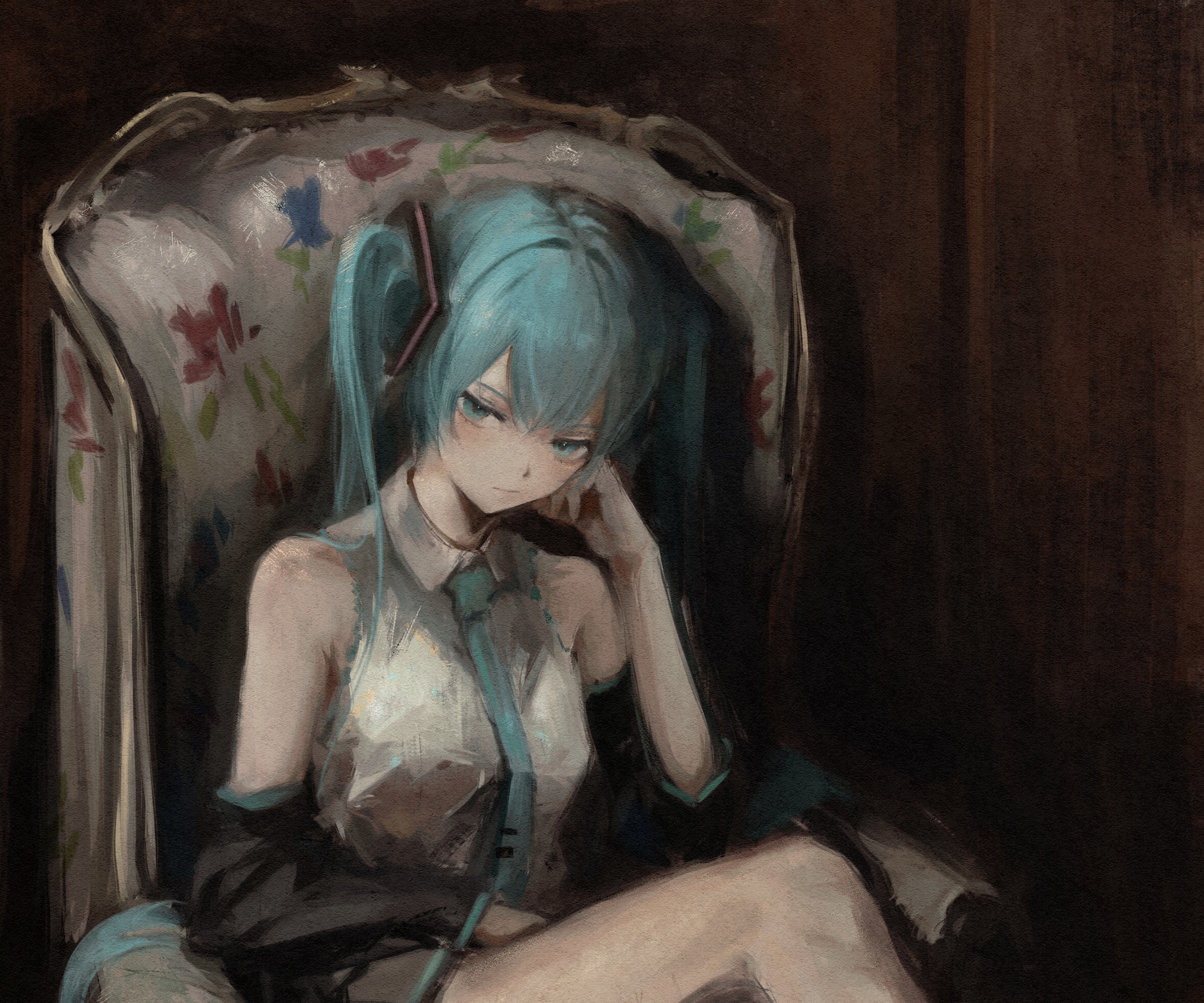Hatsune Miku sitting in a chair HD Wallpaper