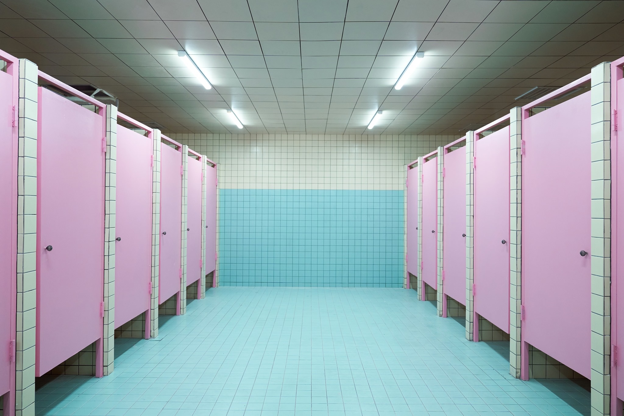 Pink bathroom stalls with blue tiled walls and floor HD Wallpaper