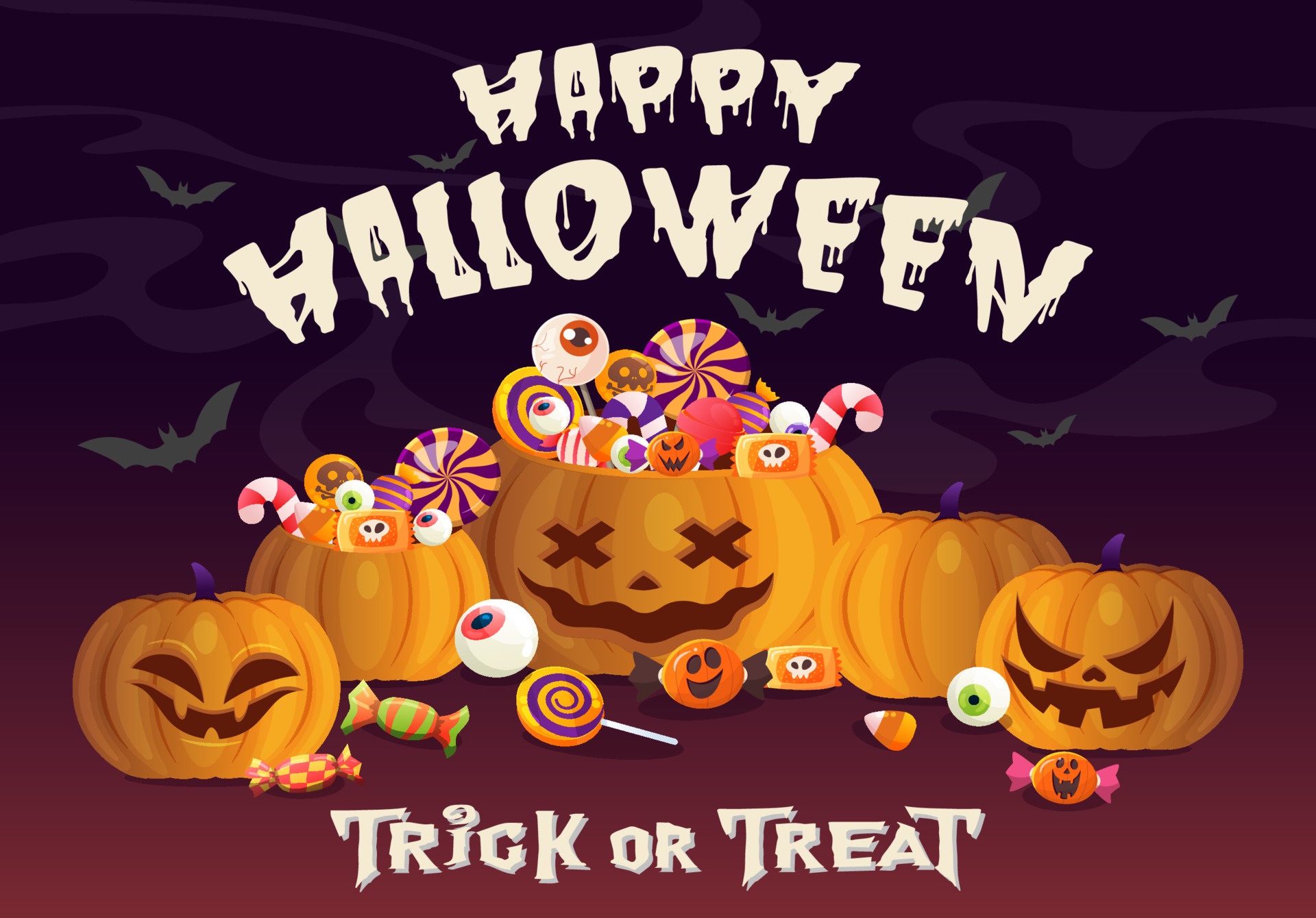 Happy Halloween Jack-O-Lanterns and Candy HD Wallpaper