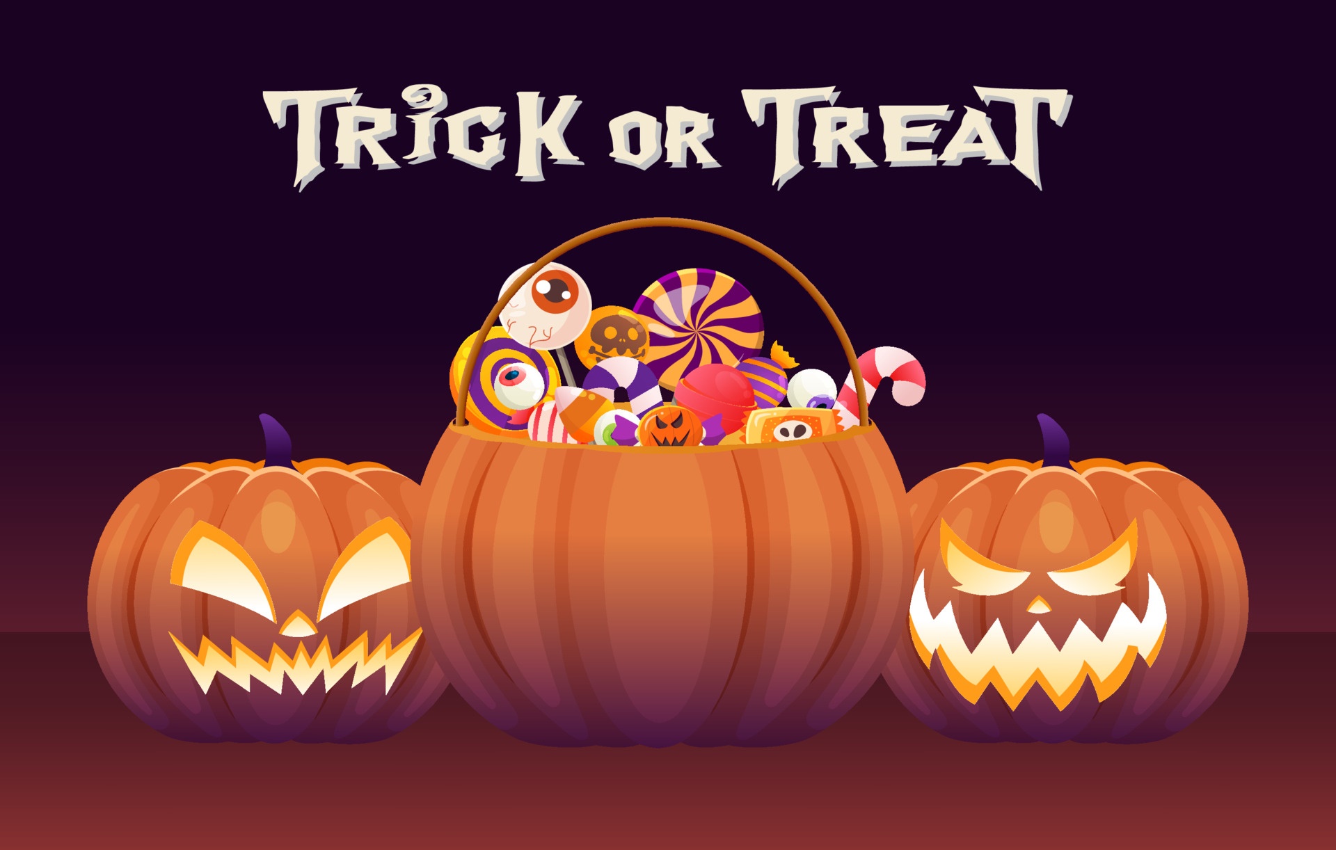 Halloween Trick or Treat Jack-O-Lanterns and Candy Basket HD Wallpaper