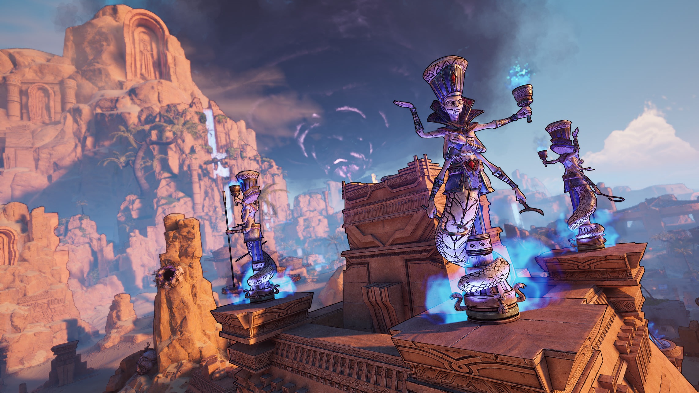 Statues in desert landscape from Tiny Tina's Wonderlands HD Wallpaper