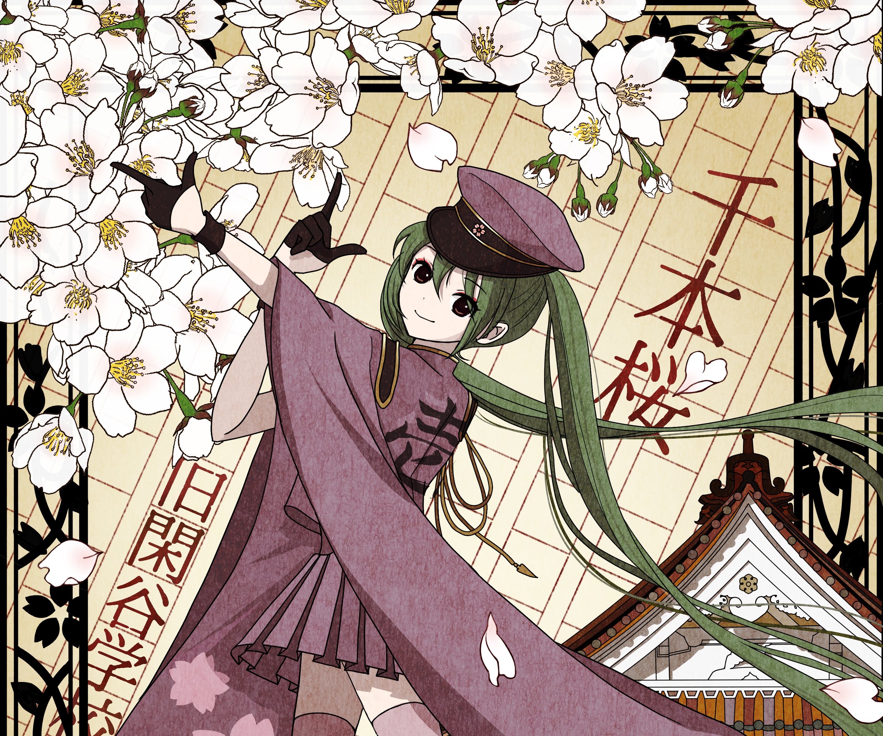 Hatsune Miku with Cherry Blossoms and Japanese Temple HD Wallpaper