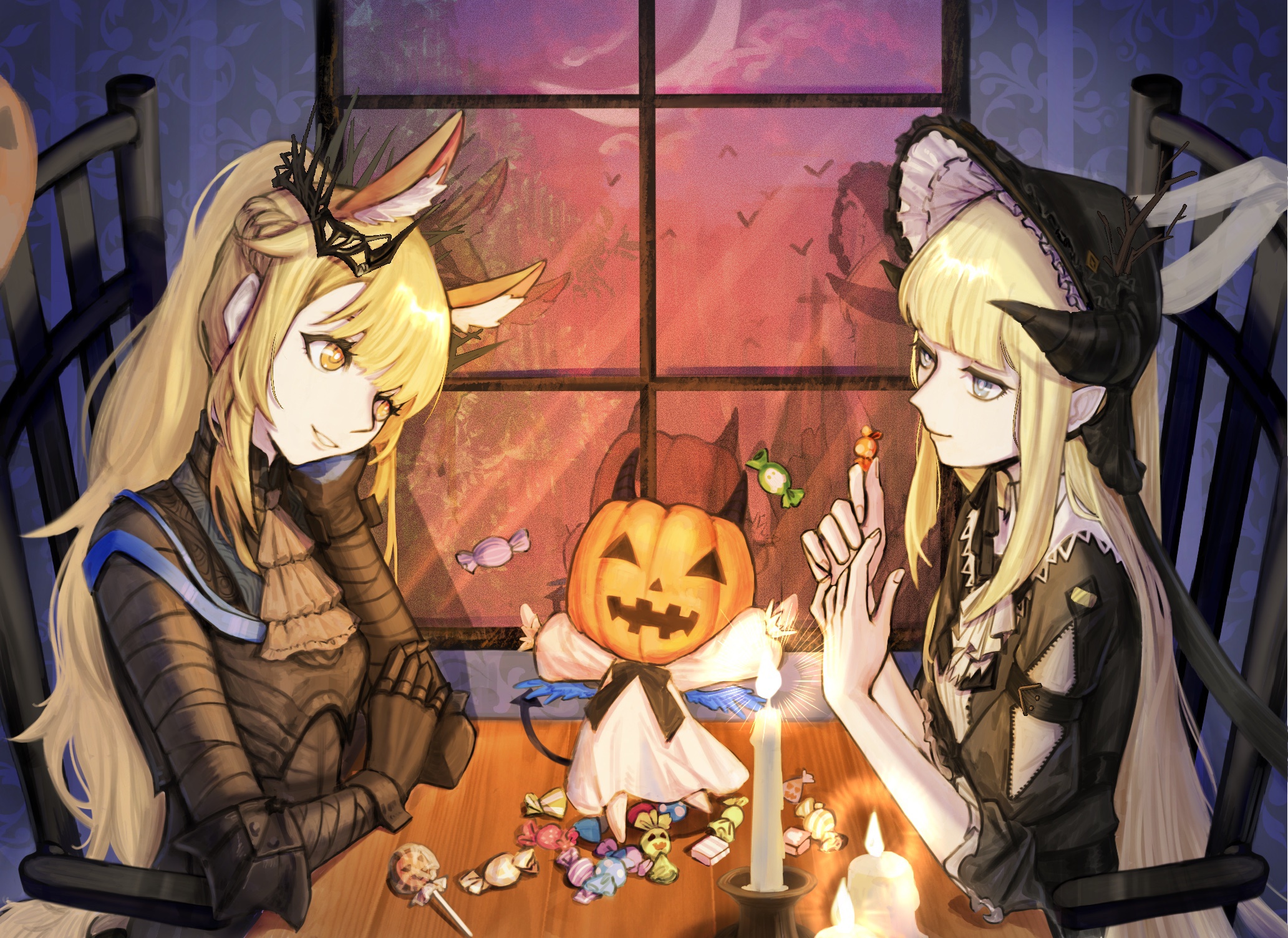 Nightingale and Blemishine from Arknights in Halloween costumes HD Wallpaper