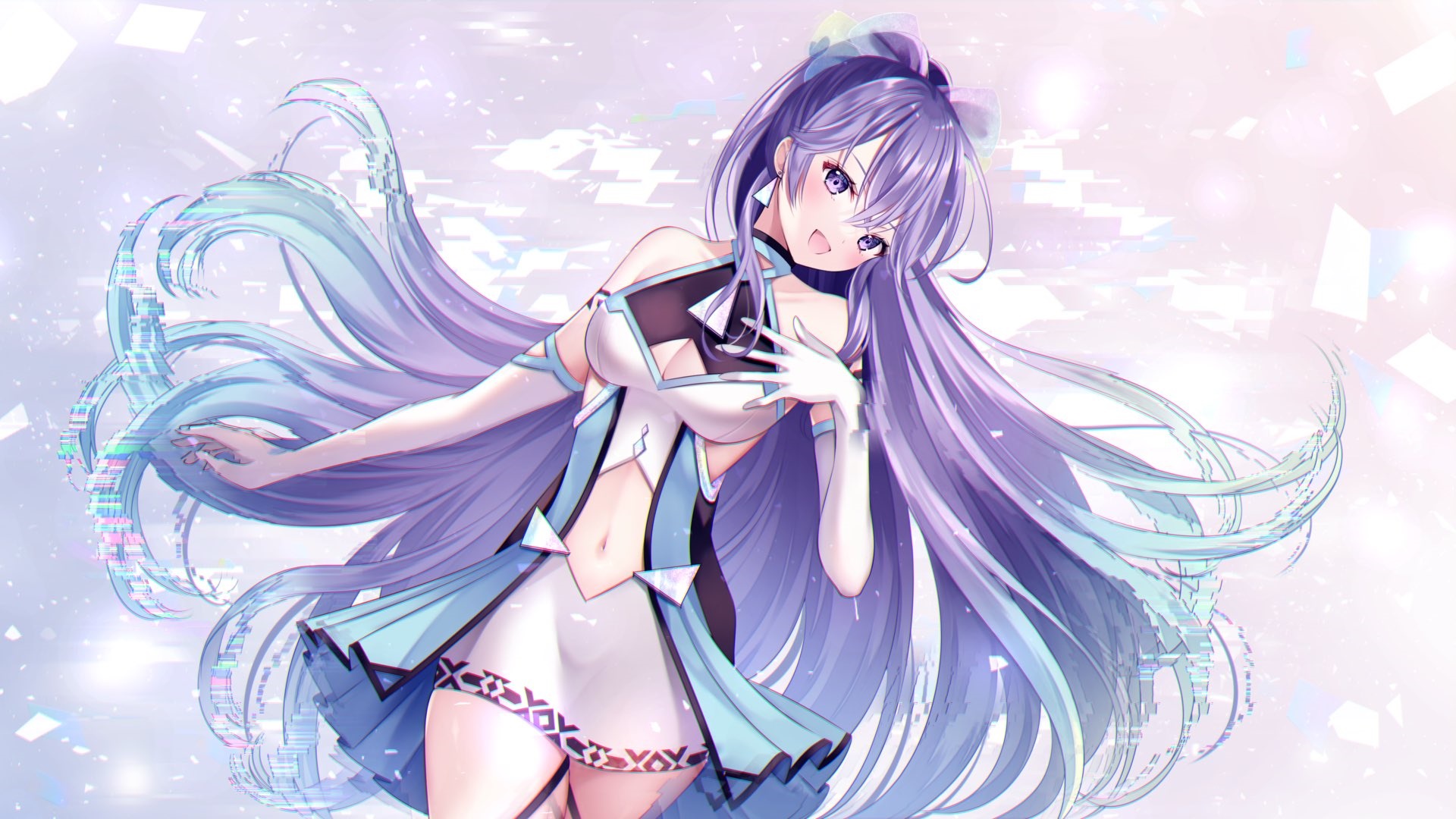 Girl with purple hair and purple eyes in a futuristic outfit HD Wallpaper