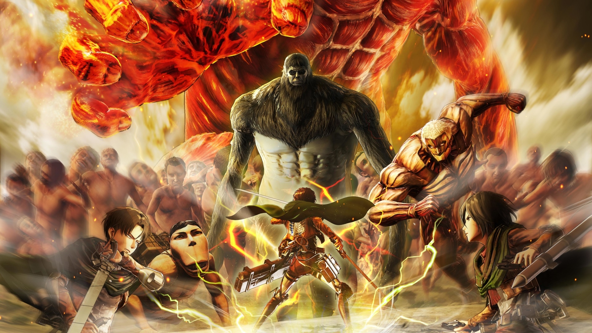 Attack on Titan characters fighting titans HD Wallpaper