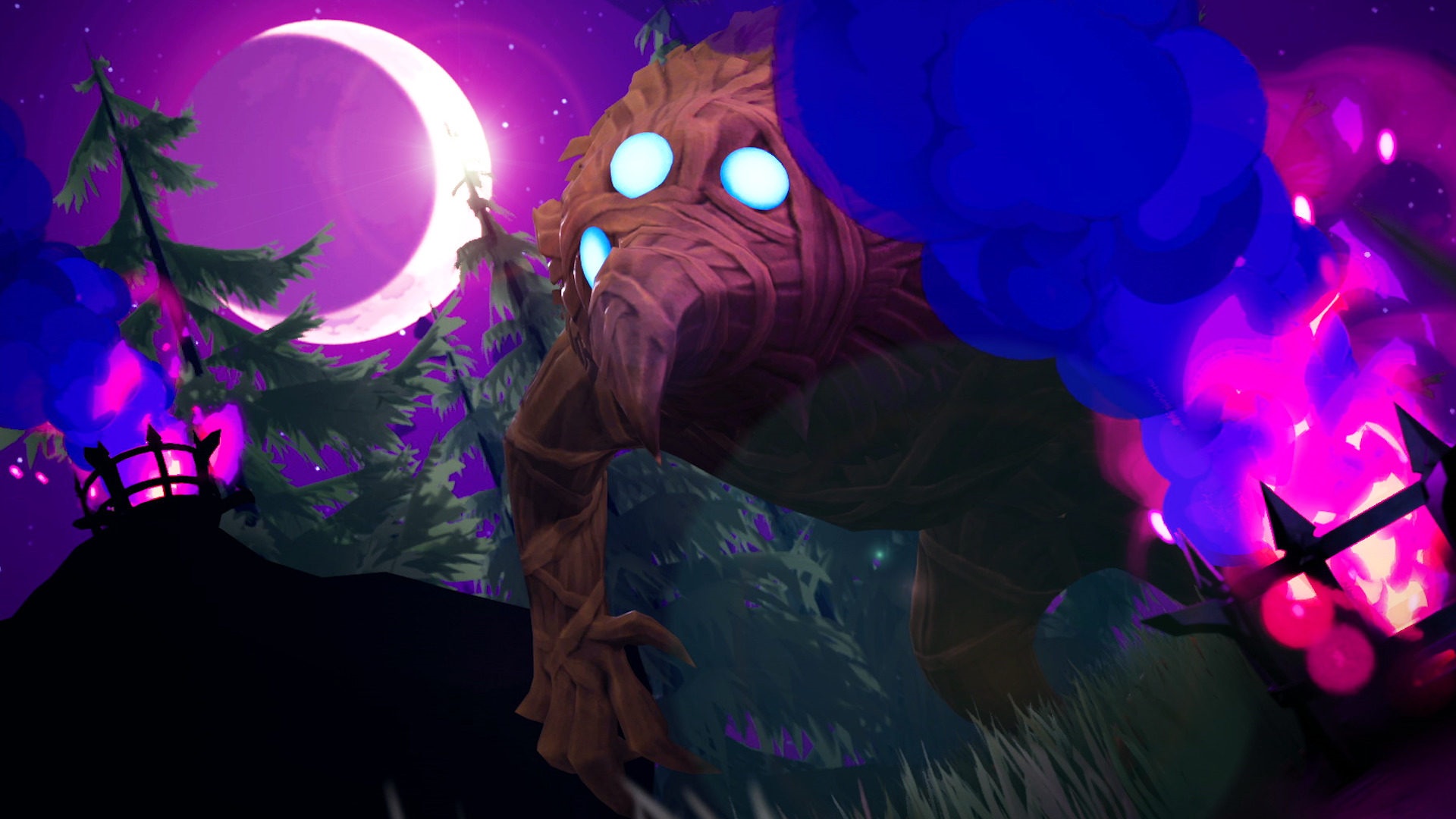 Dauntless creature with glowing eyes under a crescent moon HD Wallpaper