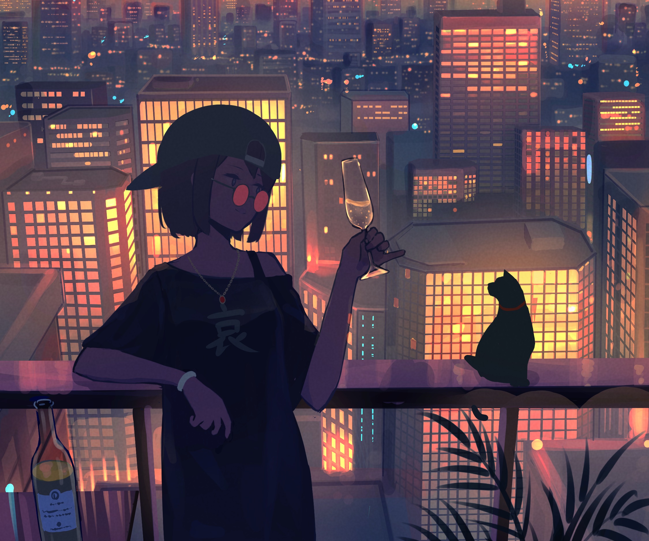 Girl with champagne and cat on rooftop at night HD Wallpaper