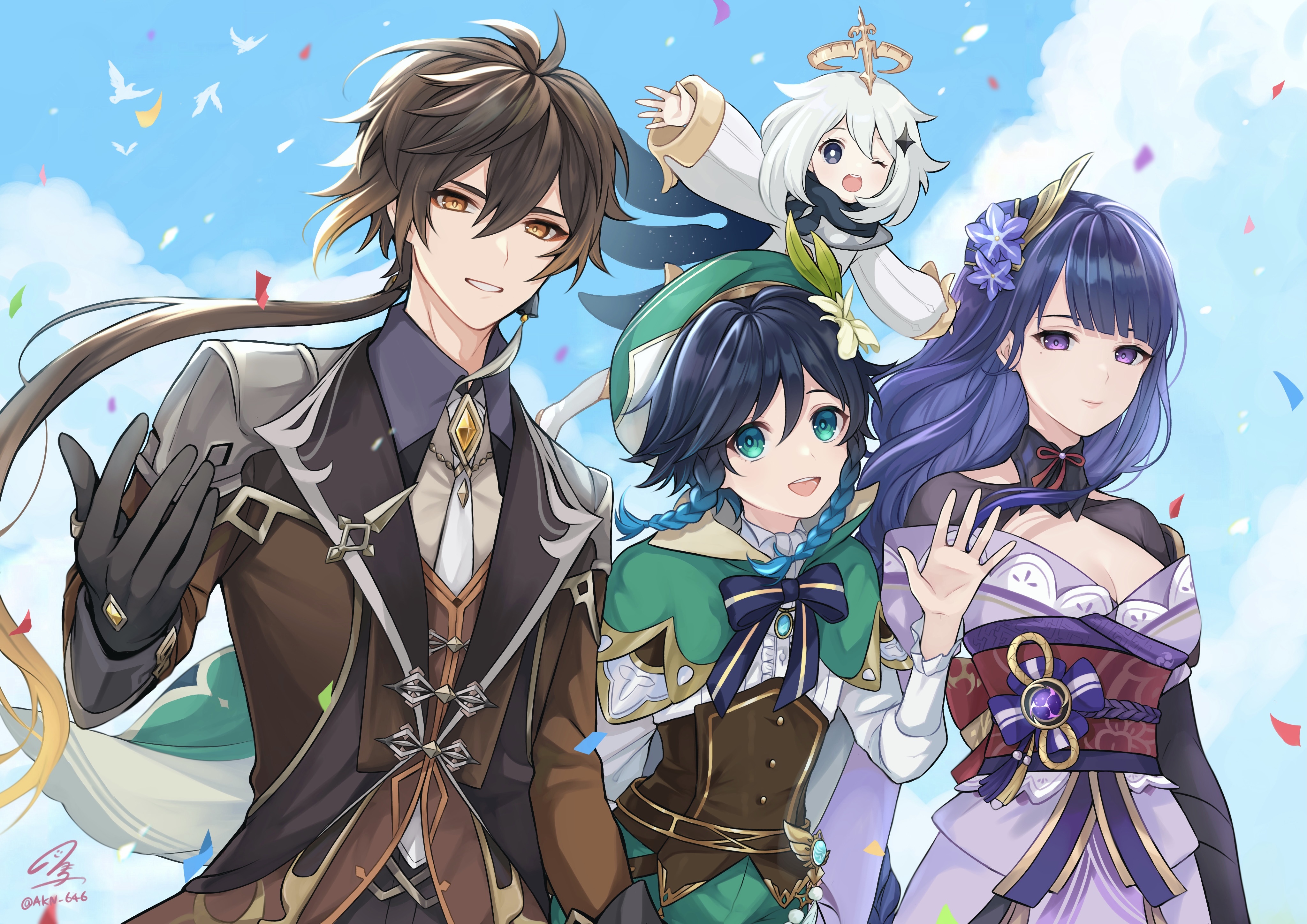 Zhongli, Venti, Raiden Shogun, and Paimon from Genshin Impact HD Wallpaper