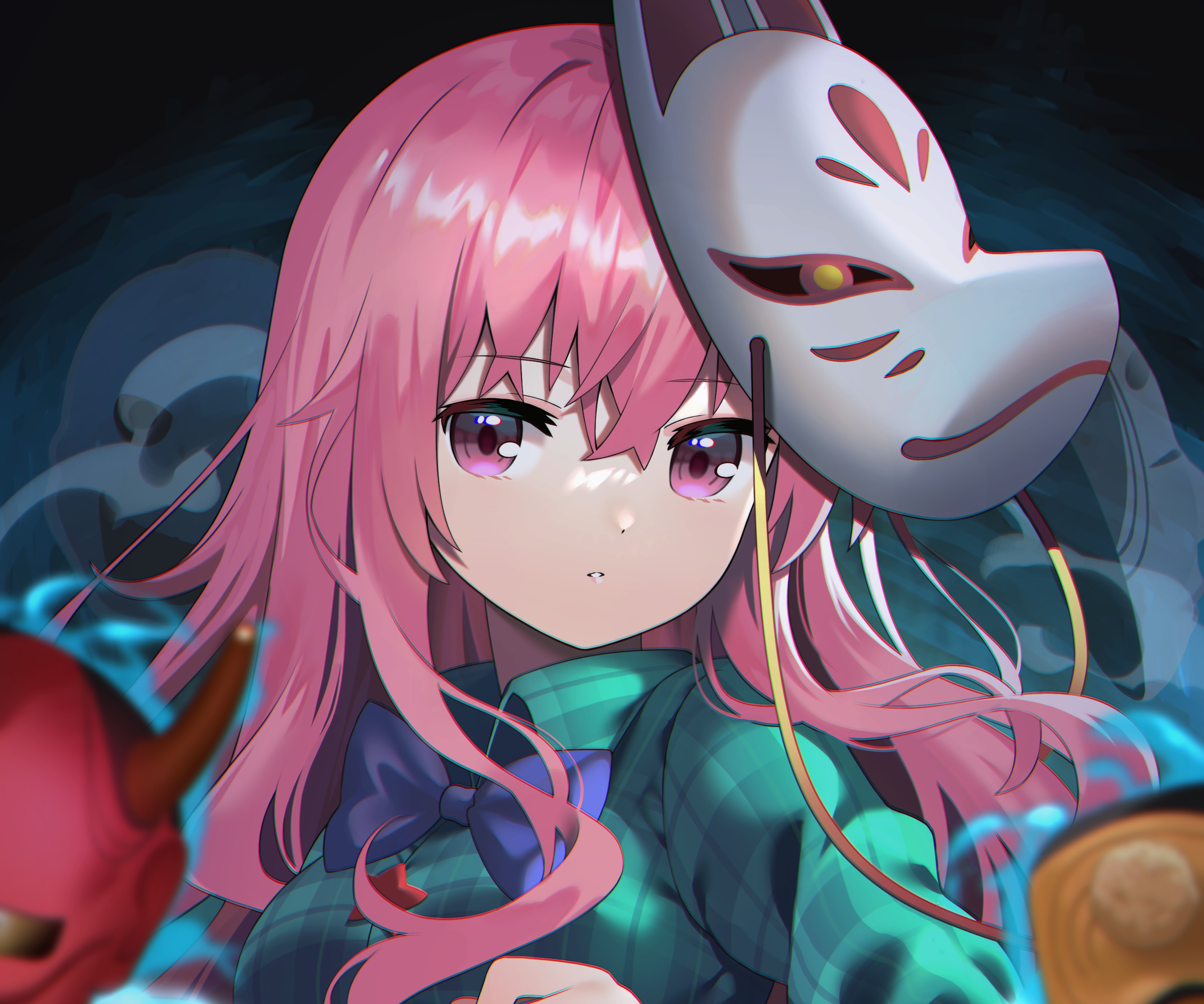 Hata no Kokoro from Touhou wearing a Kitsune mask HD Wallpaper