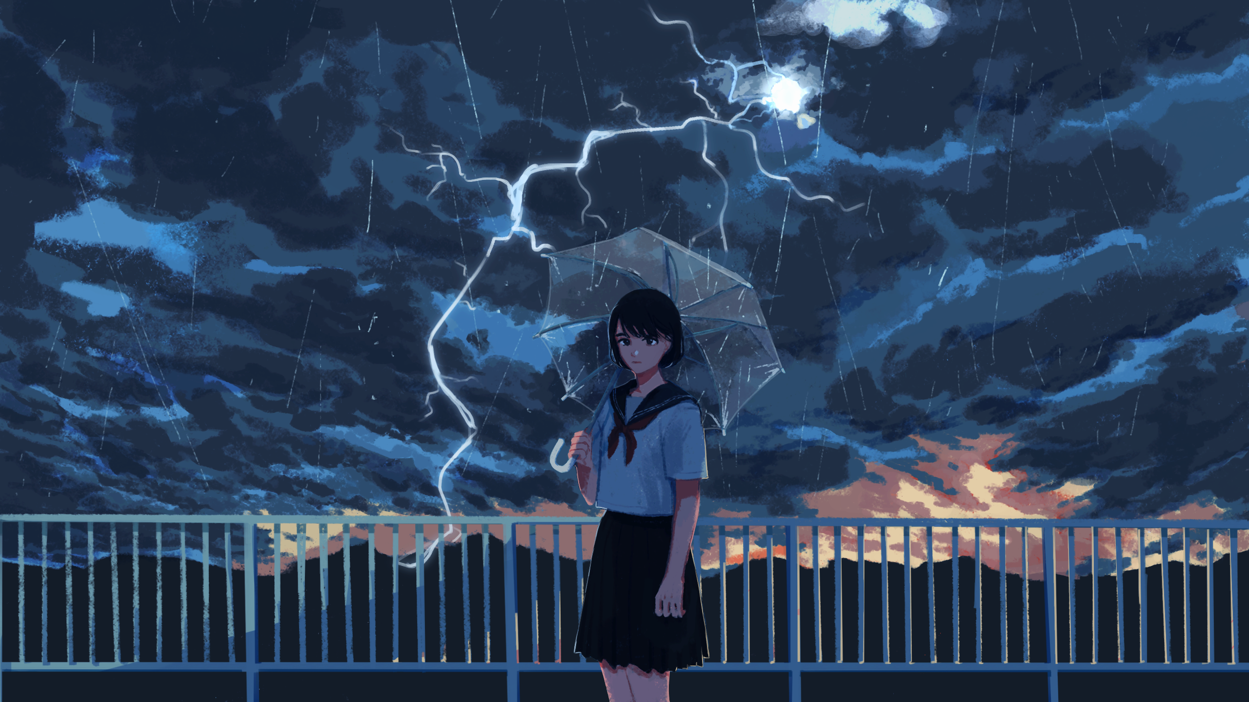 Girl in School Uniform Under Lightning HD Wallpaper
