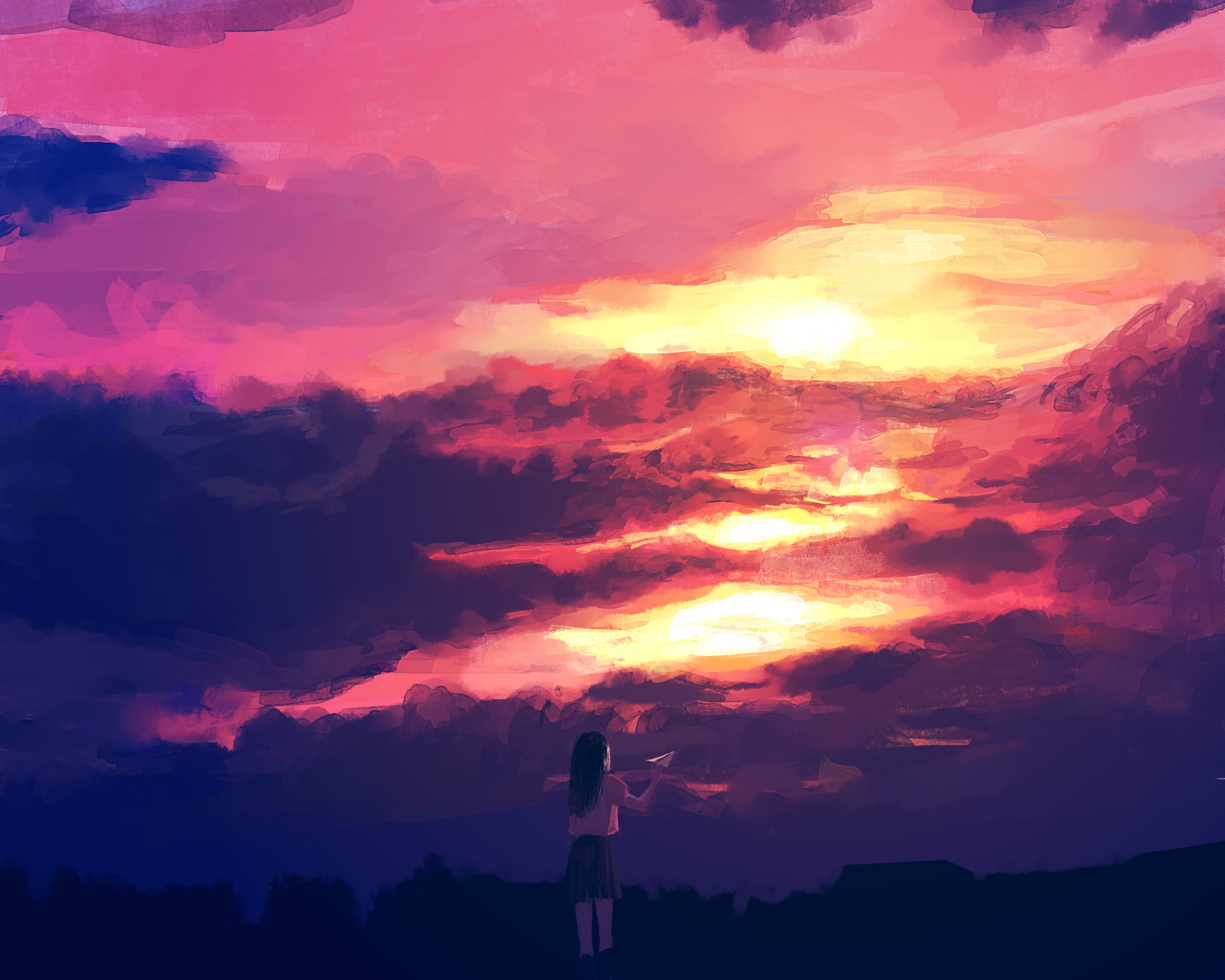 Girl throwing paper airplane at sunset HD Wallpaper