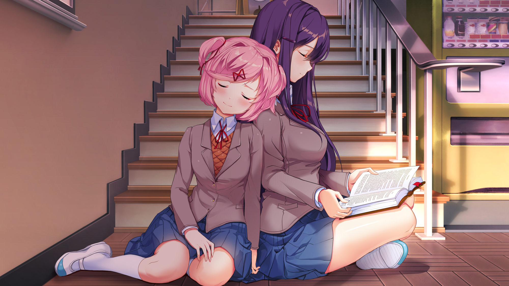Yuri and Natsuki from Doki Doki Literature Club on stairs HD Wallpaper
