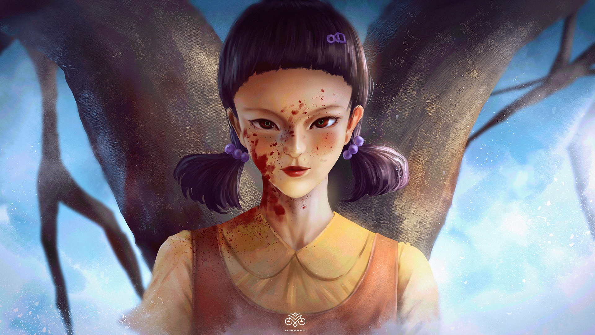 Young girl from Squid Game covered in blood HD Wallpaper