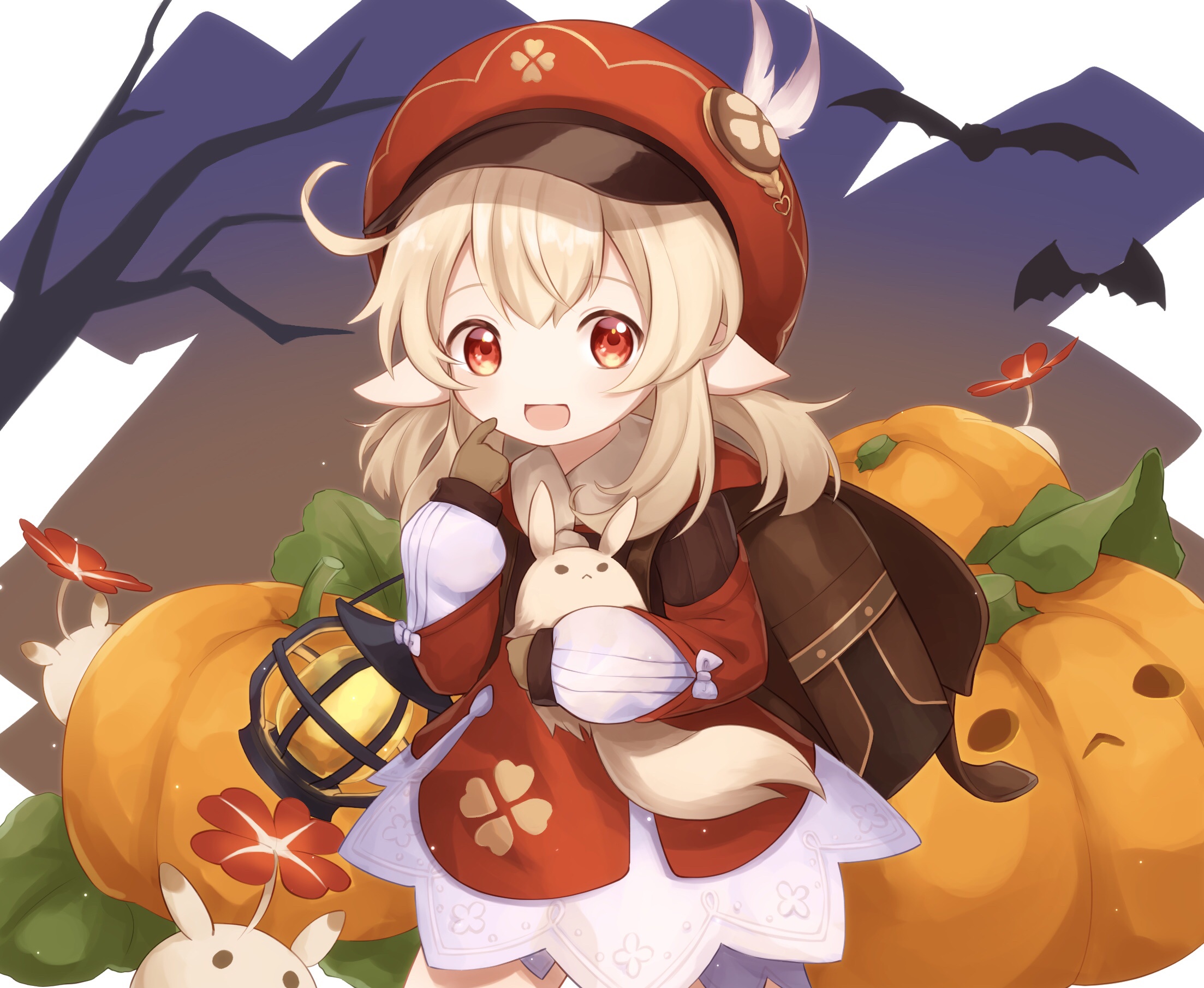 Klee from Genshin Impact with pumpkins and bats HD Wallpaper