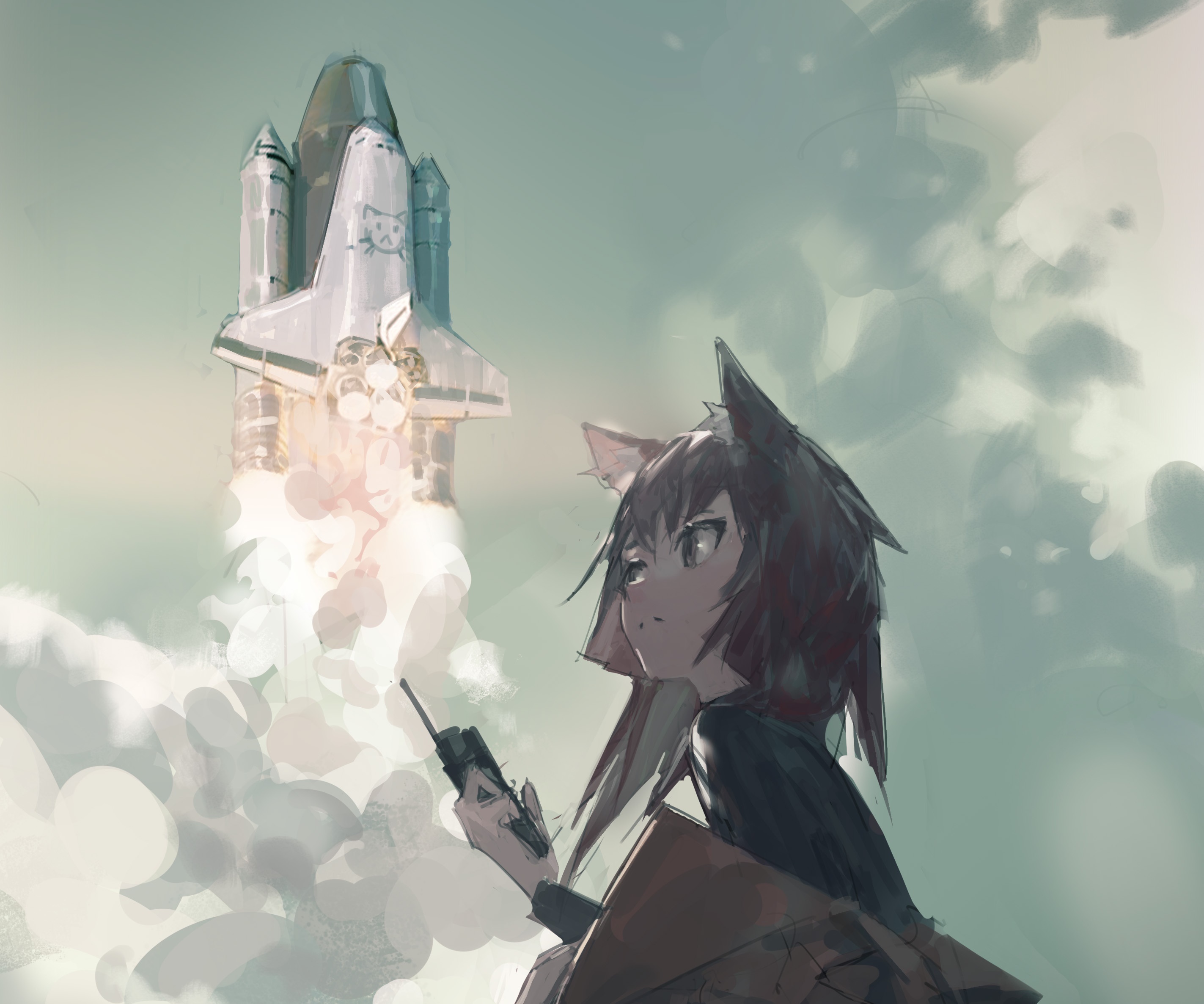 Anime girl with animal ears and space shuttle launch HD Wallpaper