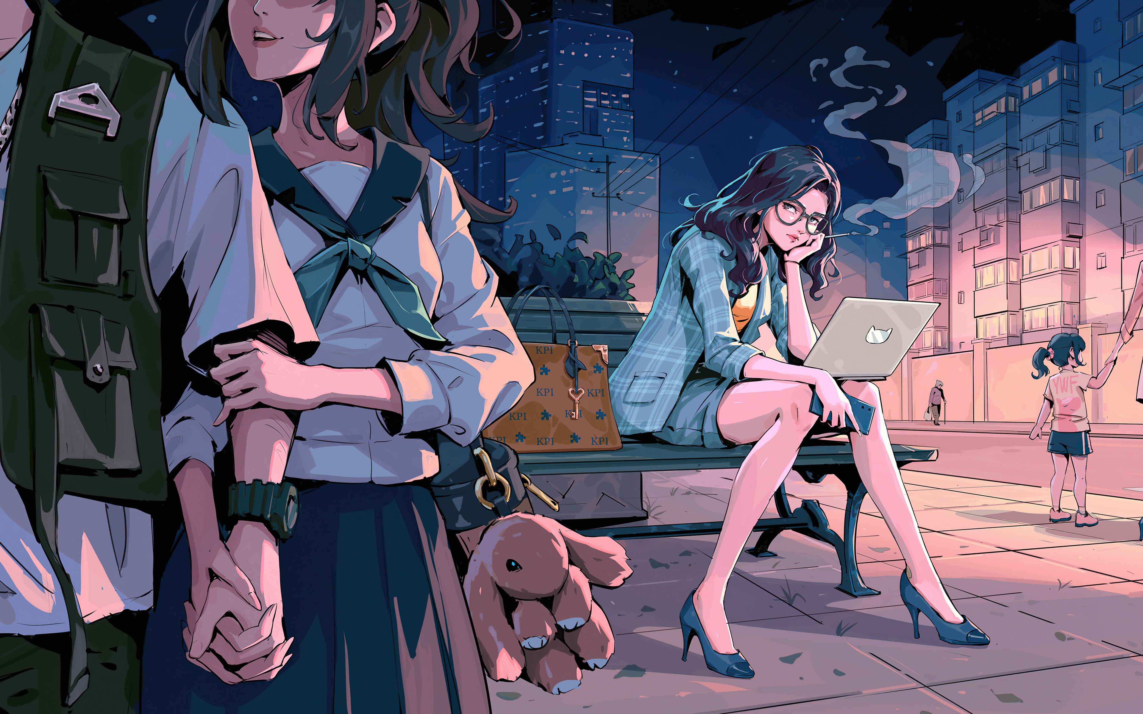 Women in school uniforms and business attire in a city at night HD Wallpaper