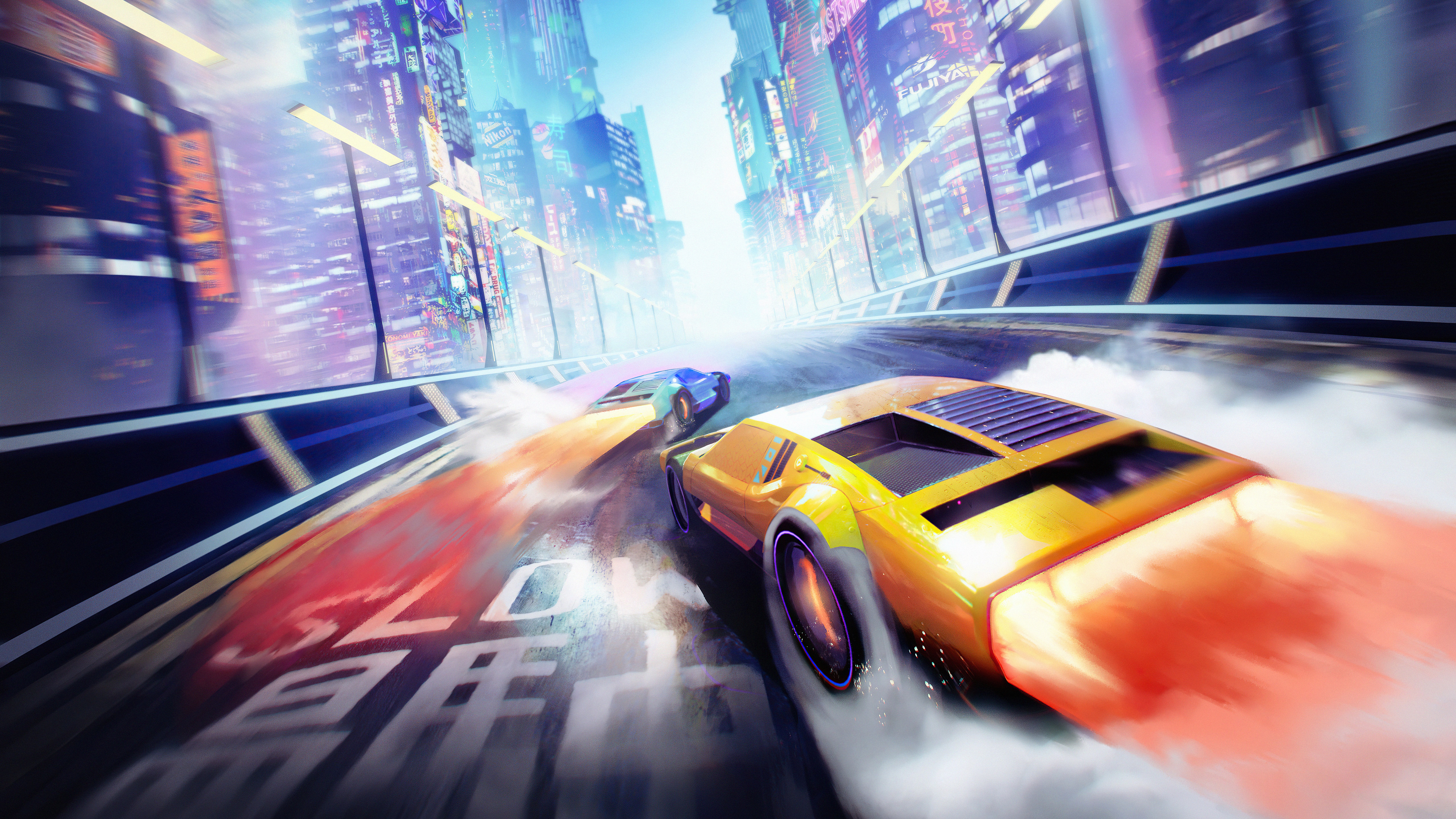Futuristic Sci-Fi Vehicles Racing in Neon City HD Wallpaper
