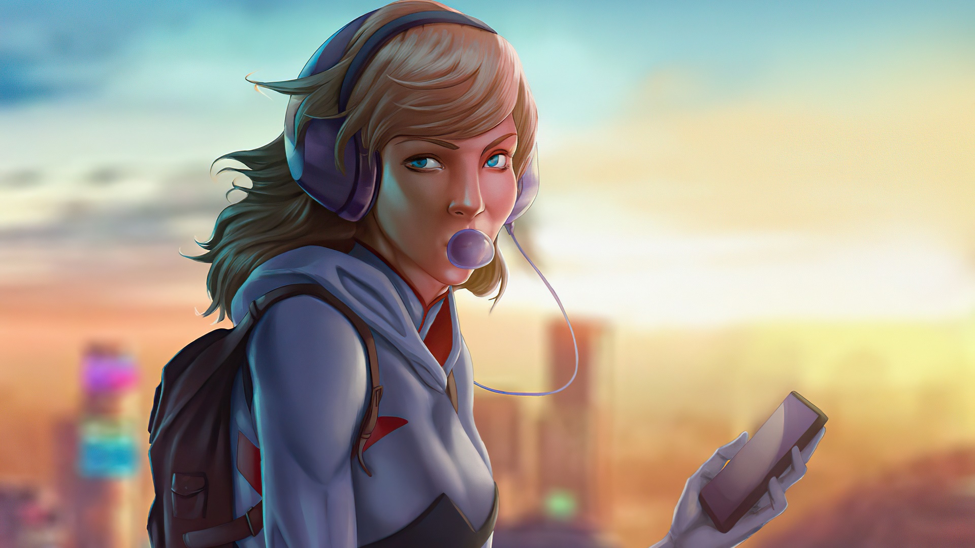 Gwen Stacy with headphones and bubblegum HD Wallpaper
