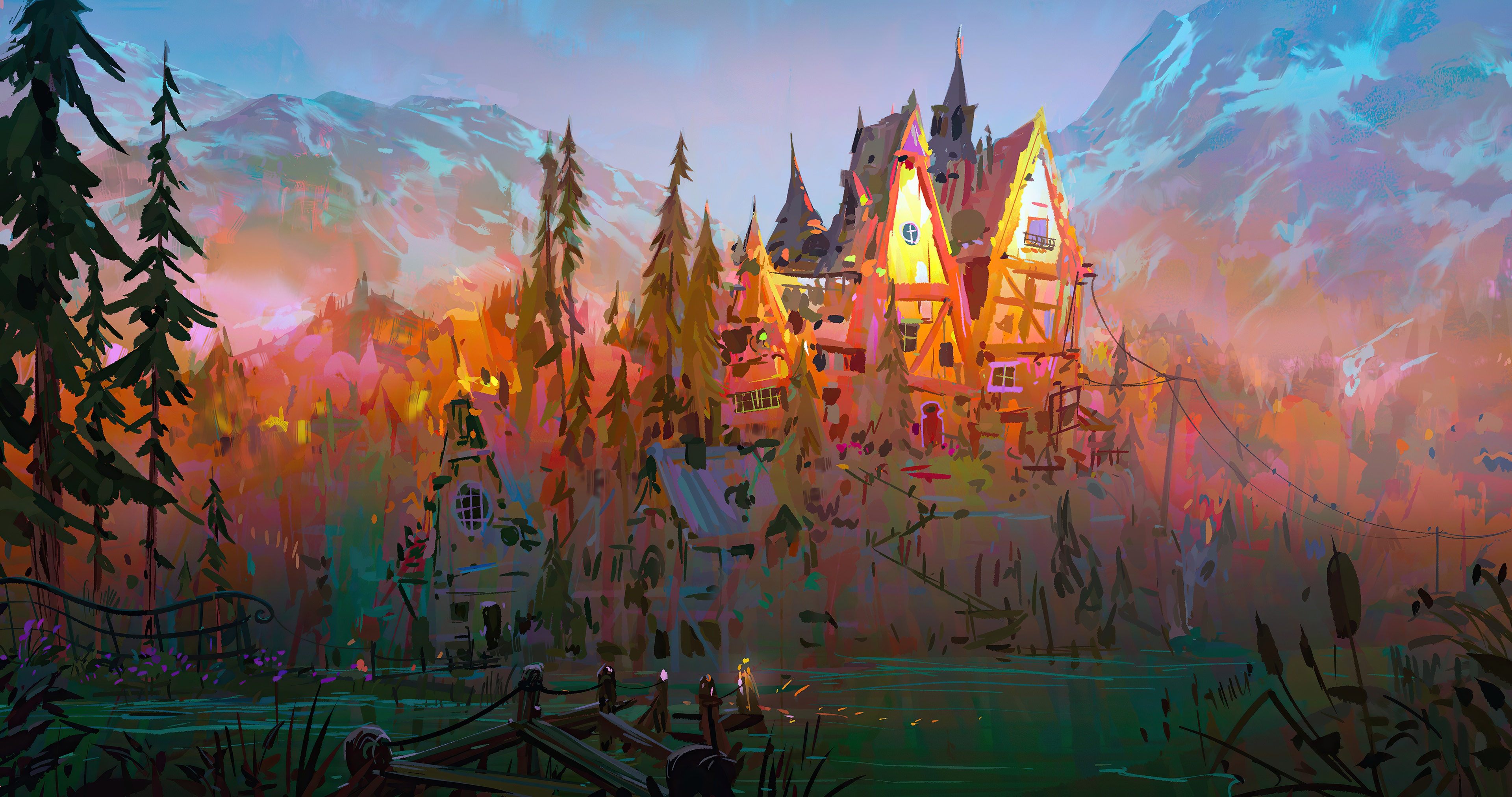 Fantasy village with mountains and lake HD Wallpaper