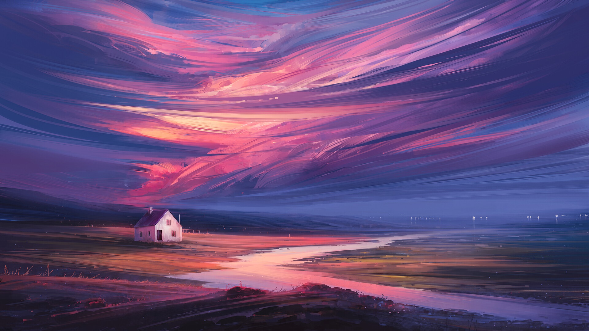 Artistic landscape with river and house at sunset HD Wallpaper