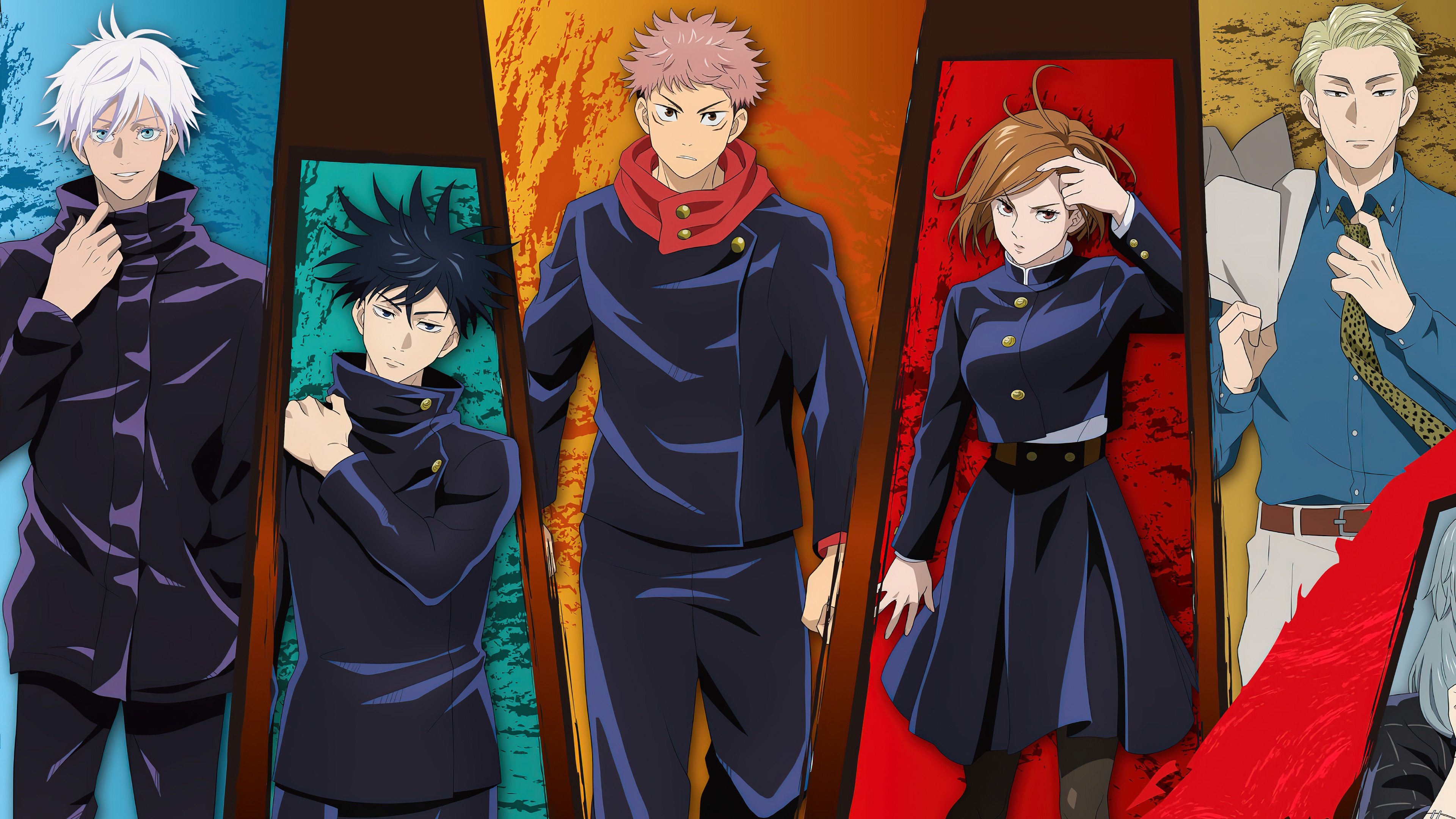 Jujutsu Kaisen characters: Satoru Gojo, Megumi Fushiguro, Yuji Itadori, Nobara Kugisaki, Kento Nanami HD Wallpaper