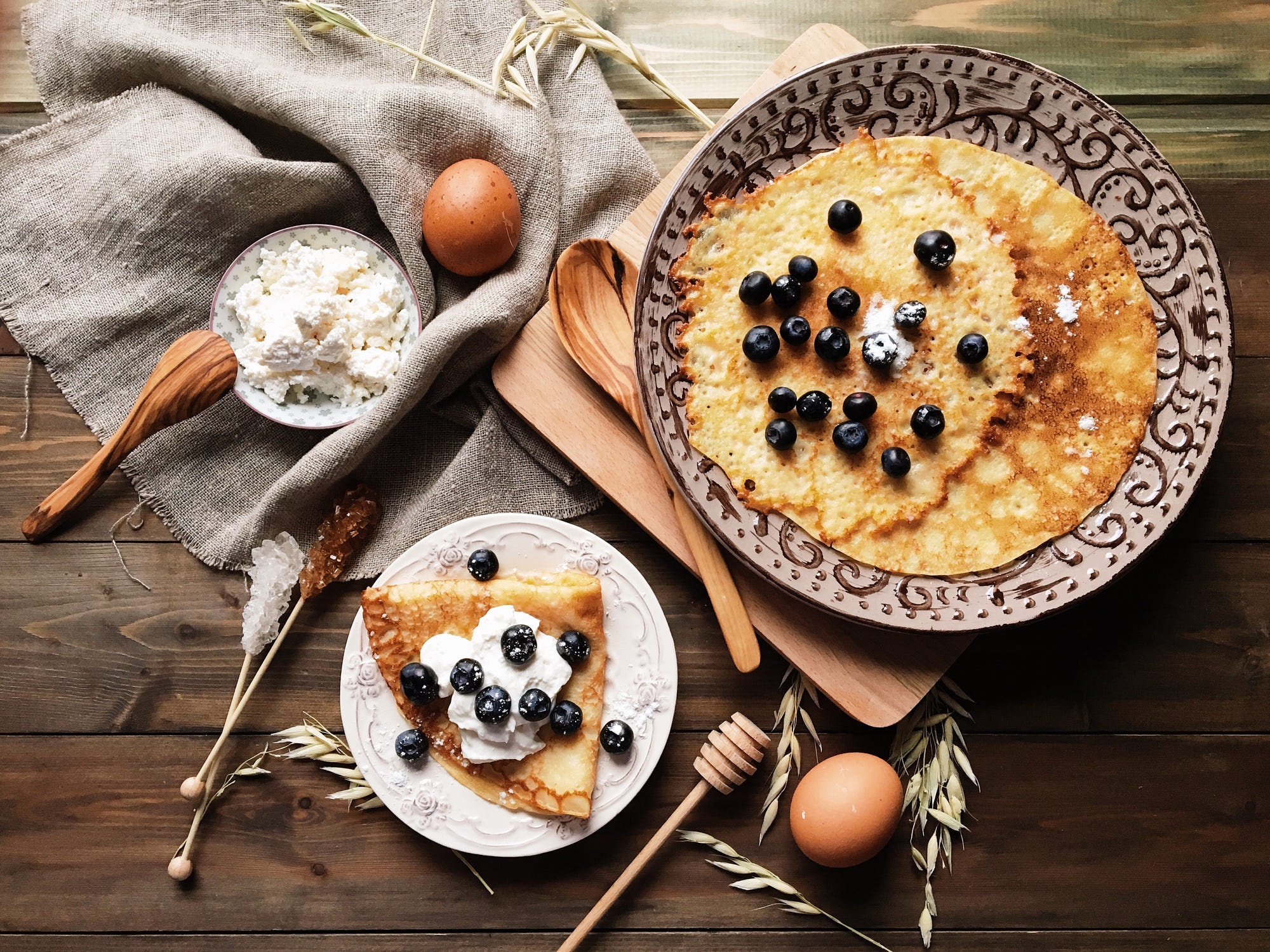Still life with crepes, cottage cheese, and blueberries HD Wallpaper
