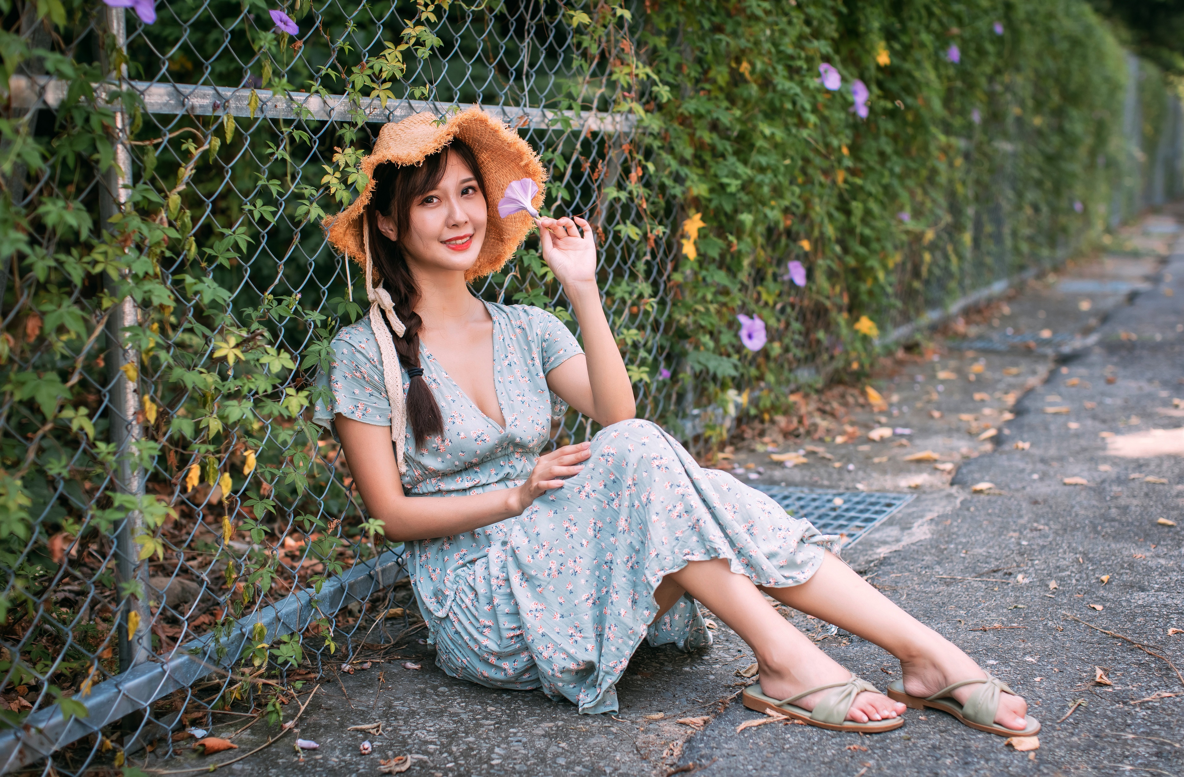 Asian woman in a floral dress and straw hat HD Wallpaper