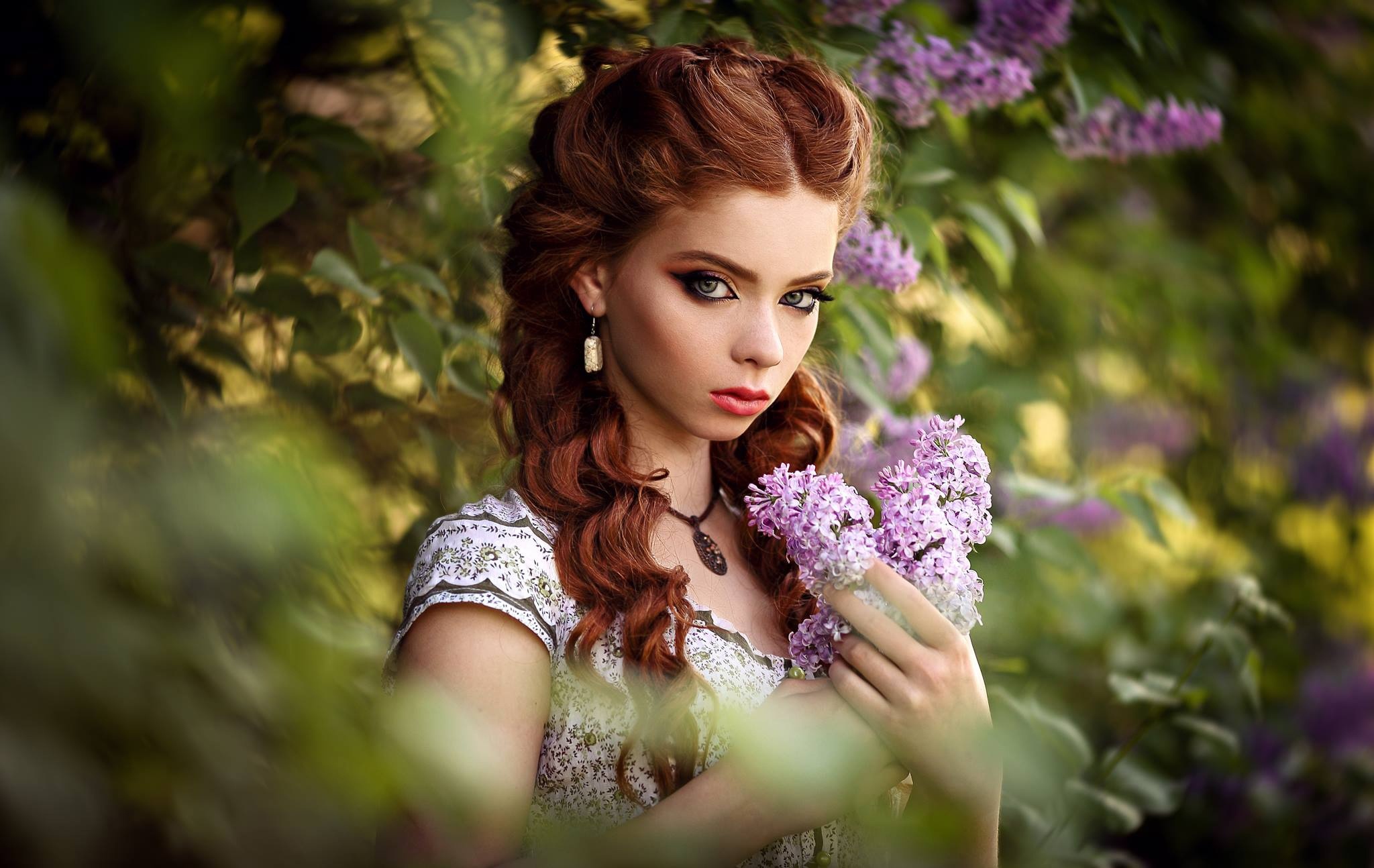 Redhead woman with lilac flowers HD Wallpaper