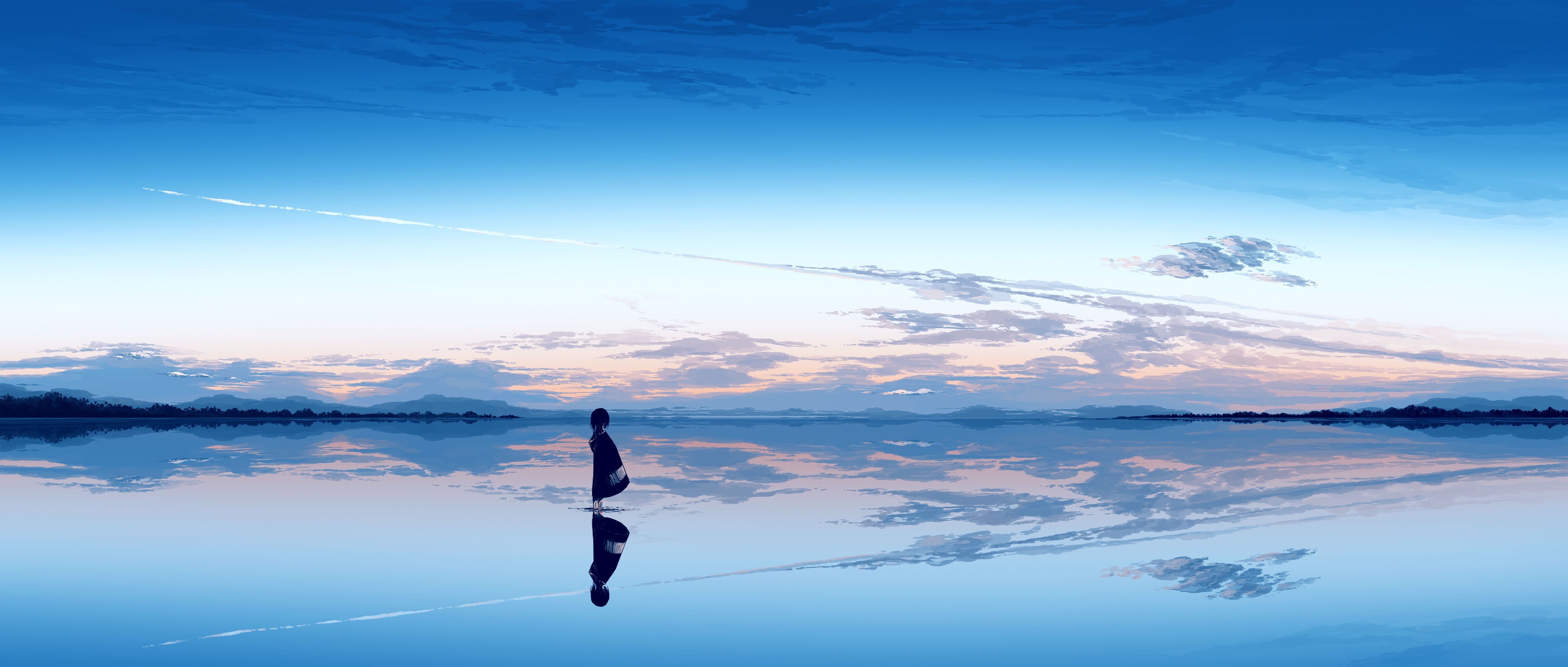 Girl standing in water with sky reflection HD Wallpaper